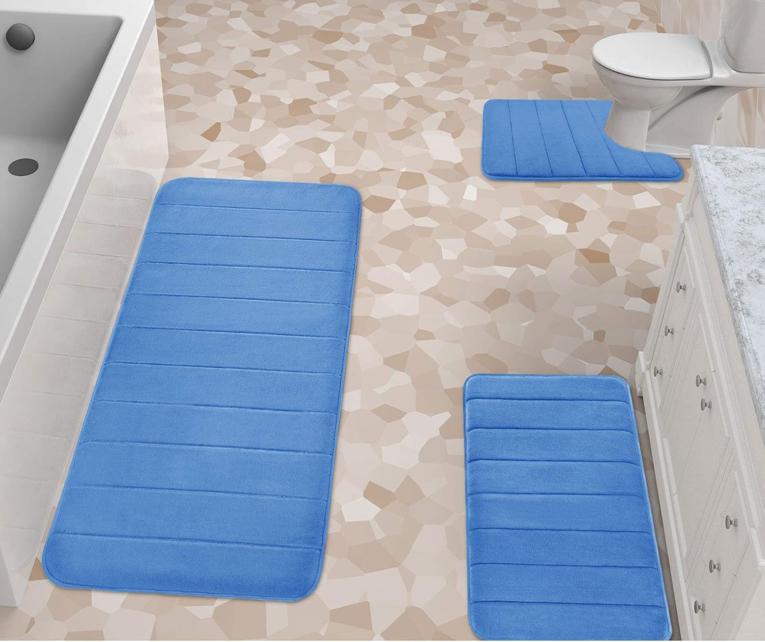 Yimobra 3 Pieces Memory Foam Bath Mat Sets, 31.5 X 19.8 + 17X24 and U-Shaped for Bathroom Rugs, Toilet Mats, Non-Slip, Soft Comfortable, Water Absorption, Machine Washable, Cream White