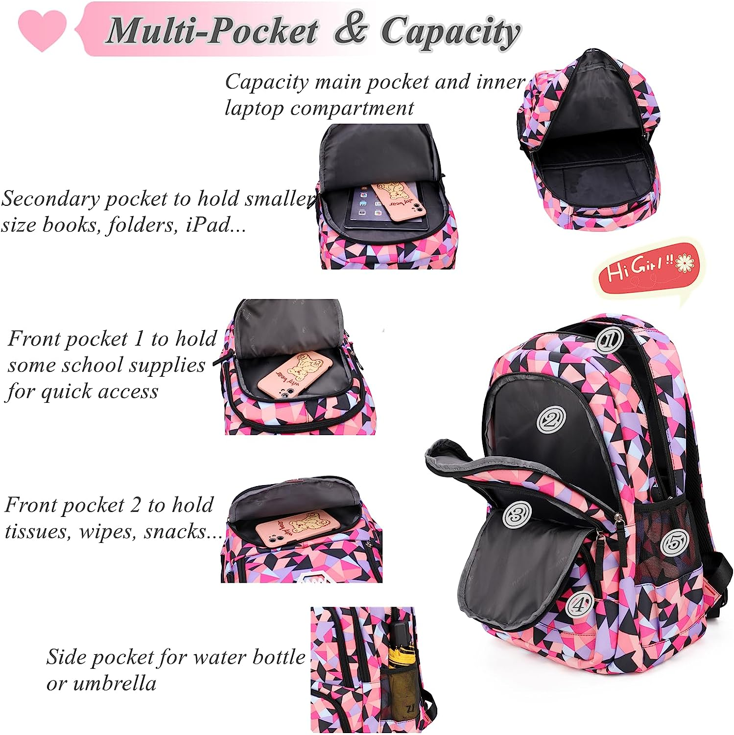 Geometric Print Girls Boys Backpacks for Kids Primary School Bags image number 4