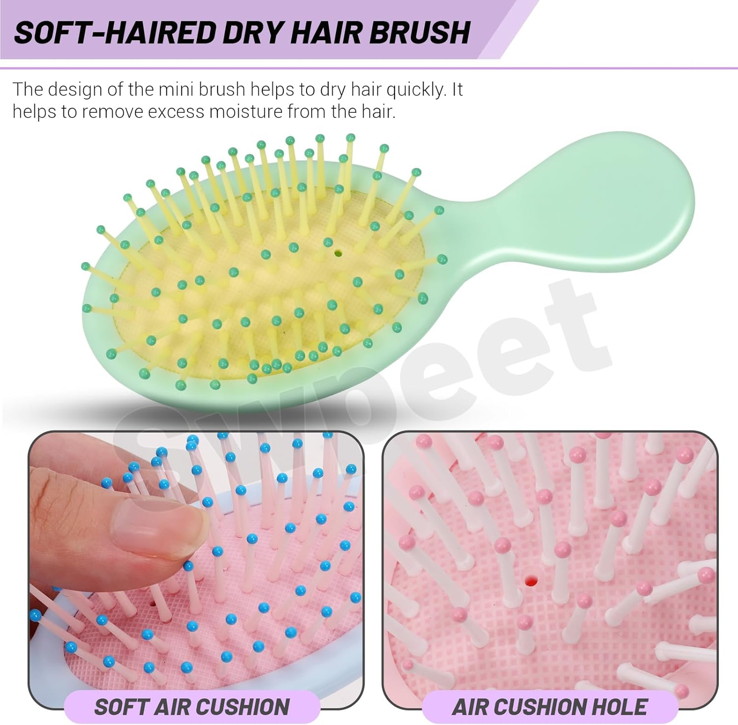 Swpeet 12Pcs Multicolor Mini Wet Hair Brush Assortment Kit, Travel Detangling Brush Small Paddle Hair Brush Pocket Travel Hair Brushs with Ease Knots Air Cushion Comb for All Hair Types image number 5