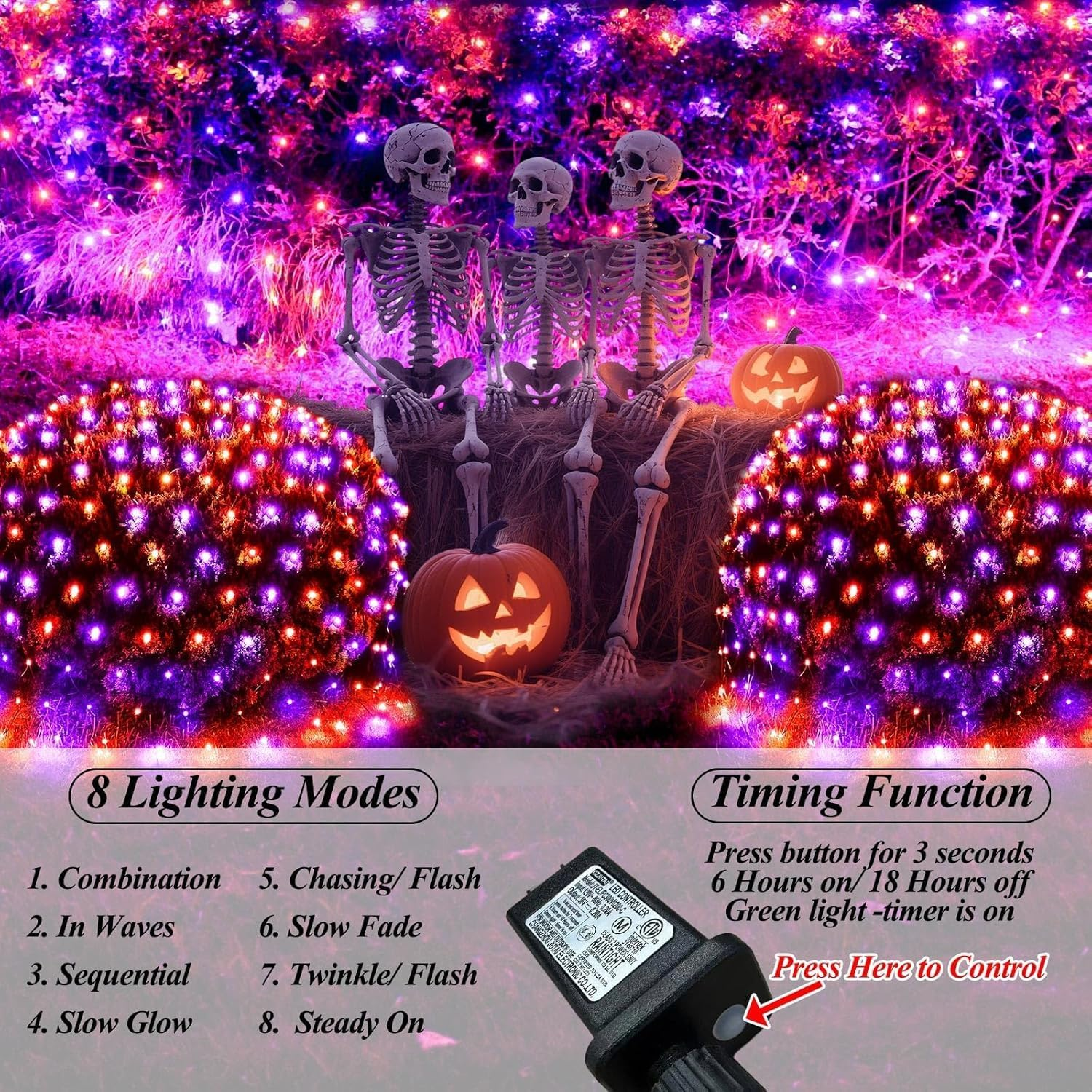 200LED Halloween Net Lights Outdoor, 3 * 2M Mesh Light Halloween Light 8 Modes Timer Connectable Waterproof Orange Purple Bush Light for Halloween Outdoor Decorations image number 1
