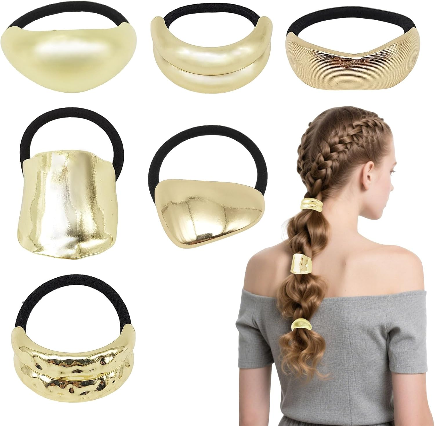 SAIIURV Pack of 6 Gold Hair Scrunchies Metal Ponytail Holders for Women and Girls, Geometric Style Hair Accessories, Elastic Hair Ties, Straight and Curly Hair Accessory for Daily Party, Festival image number 2