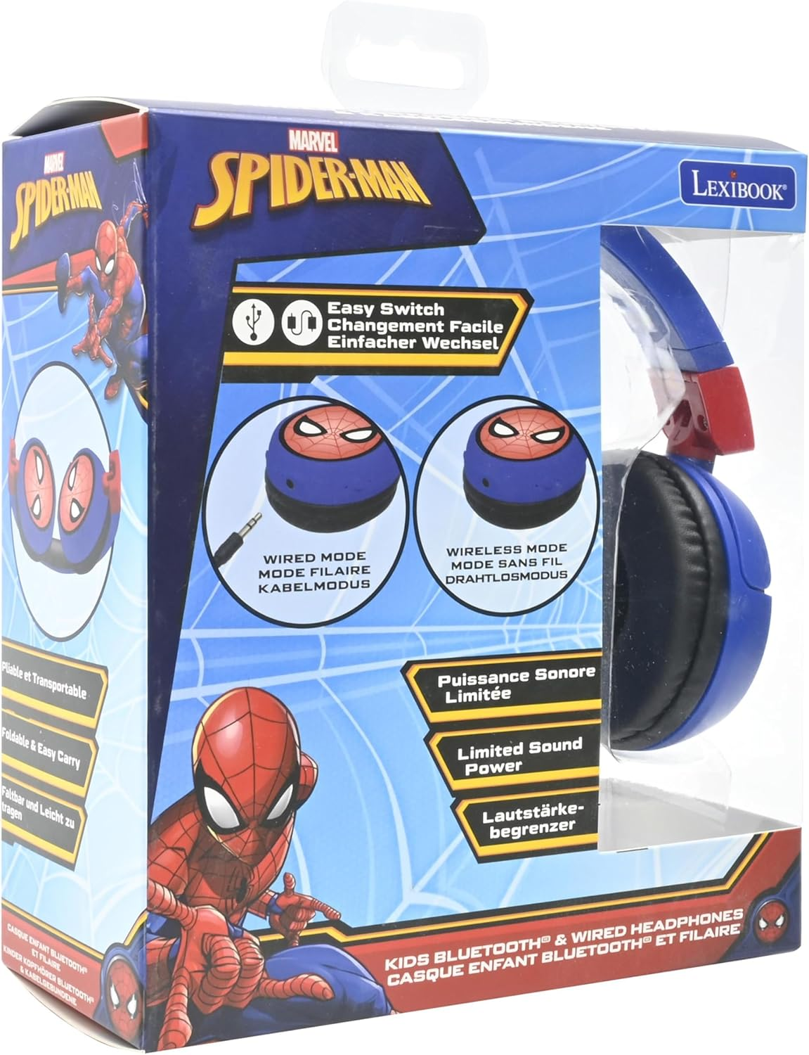 LEXIBOOK, Spiderman, 2-In-1 Bluetooth Headphones Stereo Wireless Wired, Kids Safe for Boys Girls, Foldable, Adjustable, Red/Blue, HPBT010SPLXB image number 5