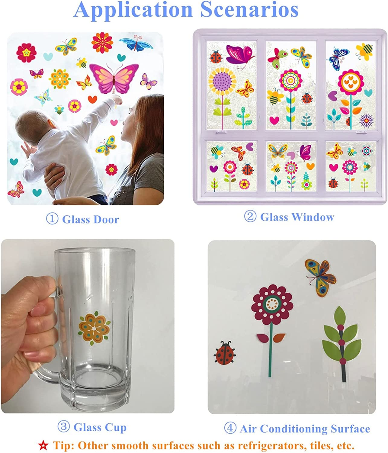 109Pcs Window Stickers, 9 Sheets Double Sided Reusable Window Decals with Flowers, Butterflies and Bee, Anti-Collision Stickers for Glass Door, Window Decorations for Home, School, Kindergarten, Shop. - Ws05 image number 6