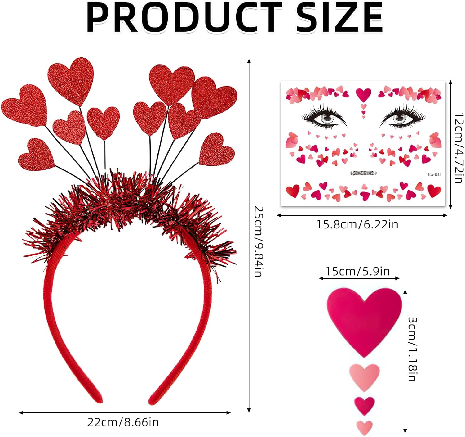 Heart Headband Glitter Headband with Heart + Heart Face Sticker, Heart Headband Red, Heart Face Sticker Face Tattoos, Red Hearts Headband Children Girls for Valentine'S Day Carnival Halloween image number 3