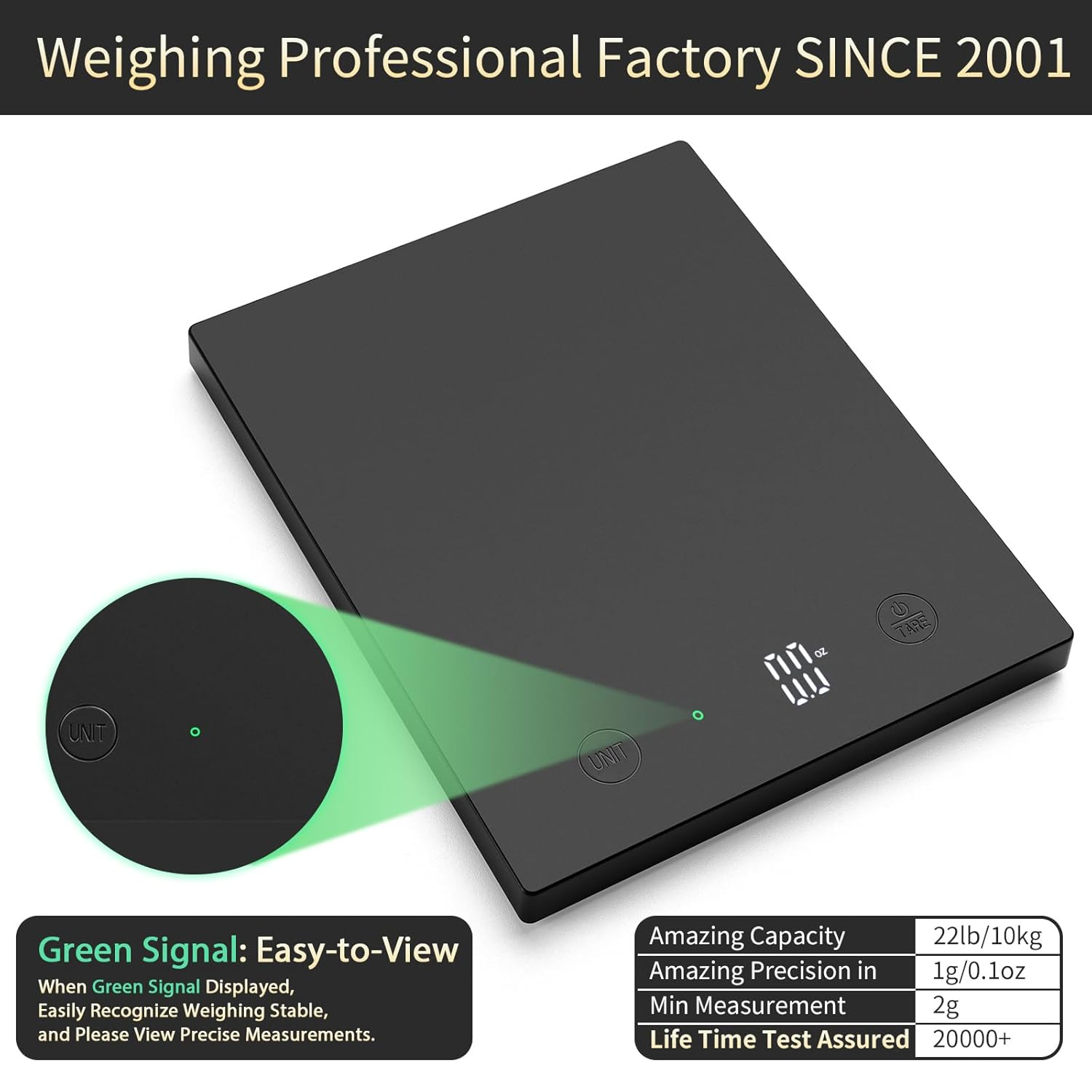 Homebuds 10Kg Digital Kitchen Scales in High Precision 1G, Our Own Food Scale Professional Factory since 2001, Digital Kitchen Scale for Cooking and Baking, LED, 3*AAA Batteries Included, Black image number 1