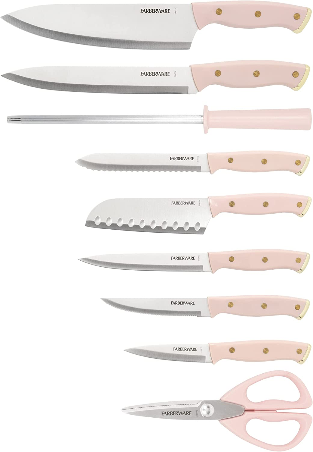 Farberware 15-Piece Triple Riveted Acacia Knife Block Set, High Carbon-Stainless Steel Kitchen Knives with Ergonomic Handles, Razor-Sharp Knife Set, Pink and Gold