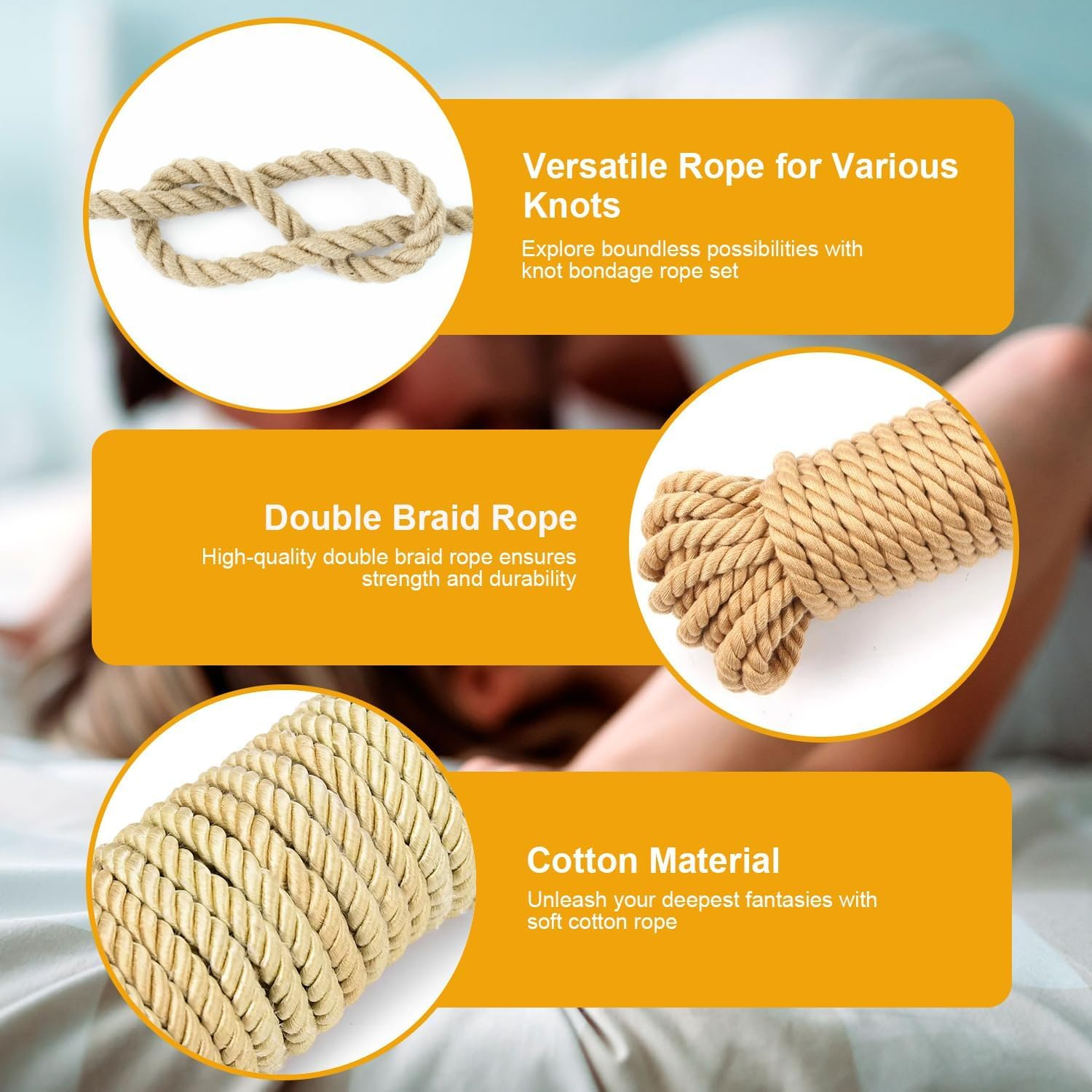 Cotton BDSM Bondage Rope Restraint Kit for Sex, 3 Pack 49 Feet Soft Shibari Rope Kit for Beginner, Bondage Restraint Adult Sex Toys BDSM Toys for Women, Men and Couples (8MM Yellow) image number 4