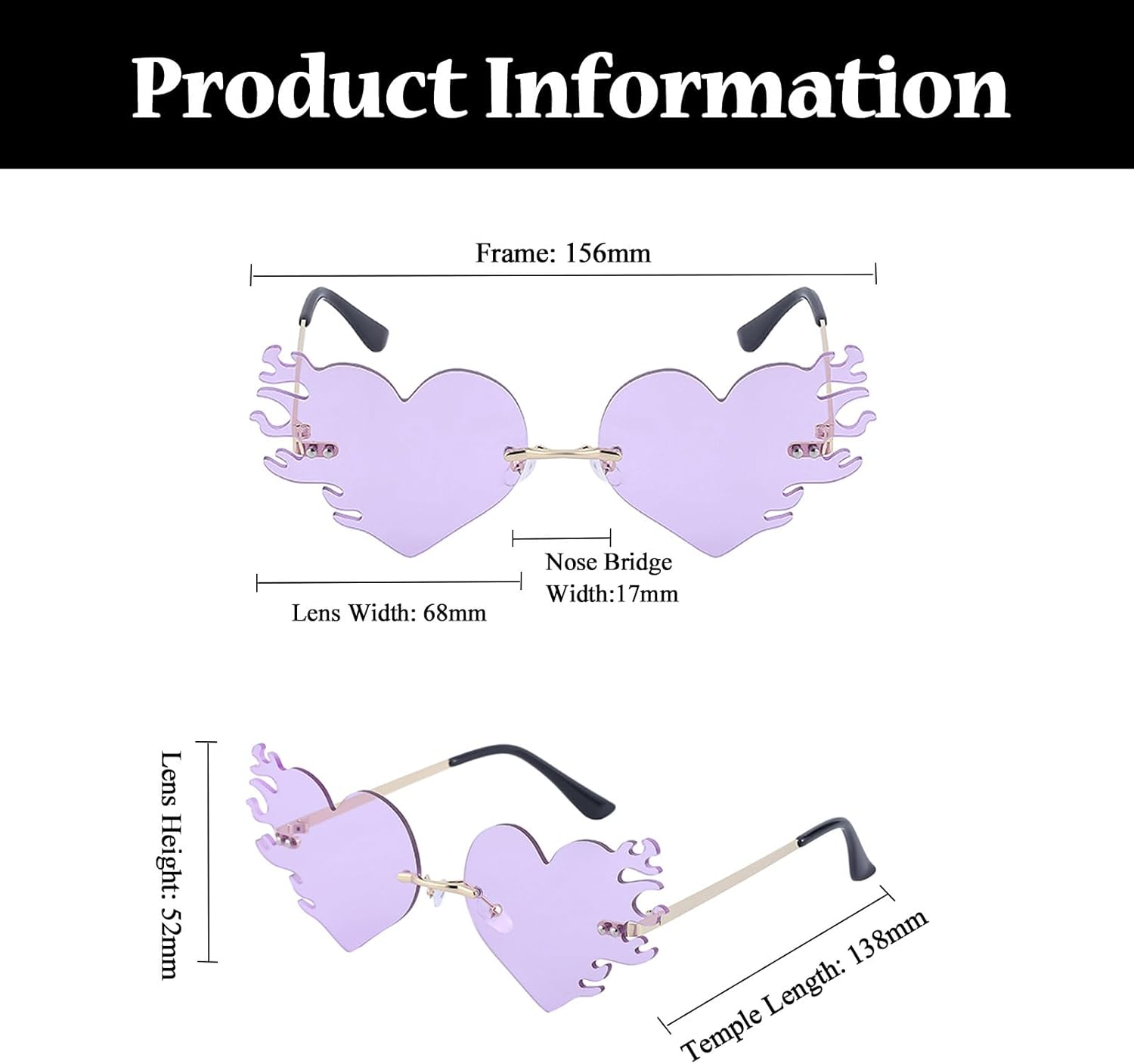 LJCZKA Heart Sunglasses with Flames Women Men Rimless Sunglasses Rave Hippie Glasses Halloween Party Festival Unisex - Red image number 7