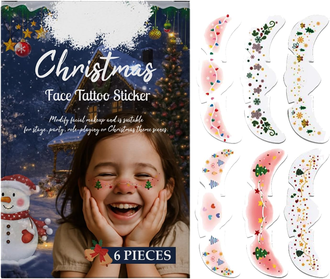 KOAHDE Christmas Tattoos Face Stickers, Pack of 6, Christmas Temporary Tattoos Children, Realistic Face Tattoos, Children, Girls, image number 4