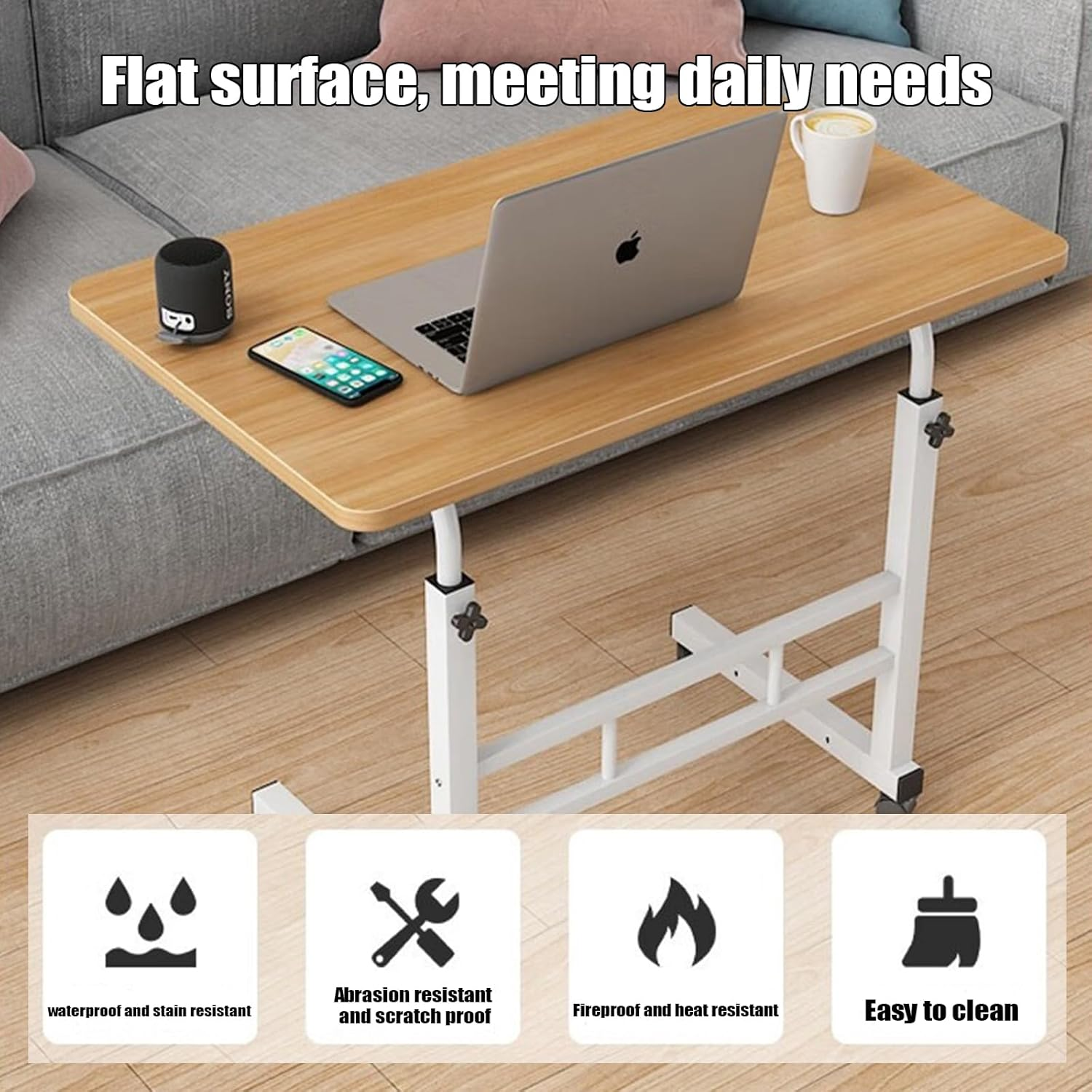 Overbed Bedside Table with Wheels, Adjustable Hospital & Home Use Bed Table, Rolling Laptop Table, Movable Standing Desk, 60Cmx40Cm (Black) image number 4