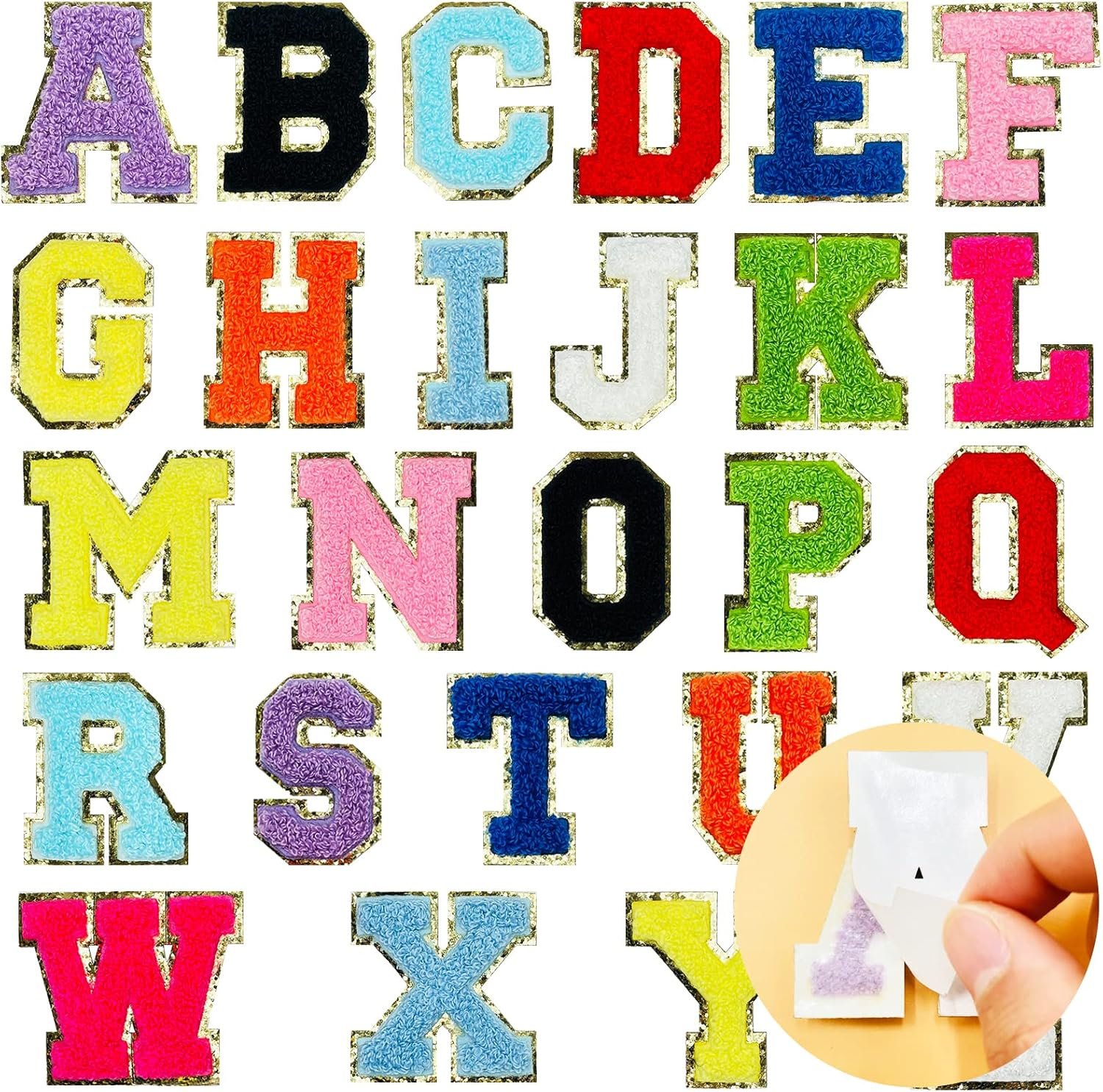 Jongdari Chenille Letter Patches Self-Adhesive & Iron-On Letters, 52Pcs Varsity Fuzzy Patch Glitter Alphabet - 26Pcs, Multicolored