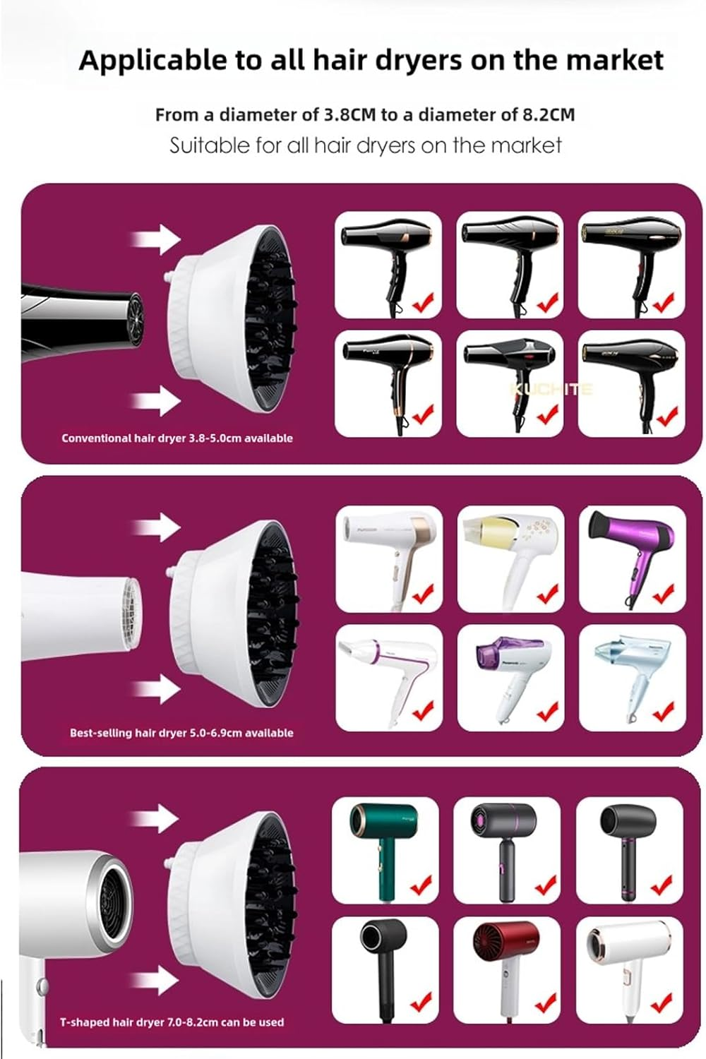 Jxkgenix Universal Diffuser for Hairdryer, Universal Hair Diffuser, Hair Dryer Diffuser Attachment for Curly and Wavy Hair, Adjustable from 3.8Cm to 8.2Cm (Black) image number 1