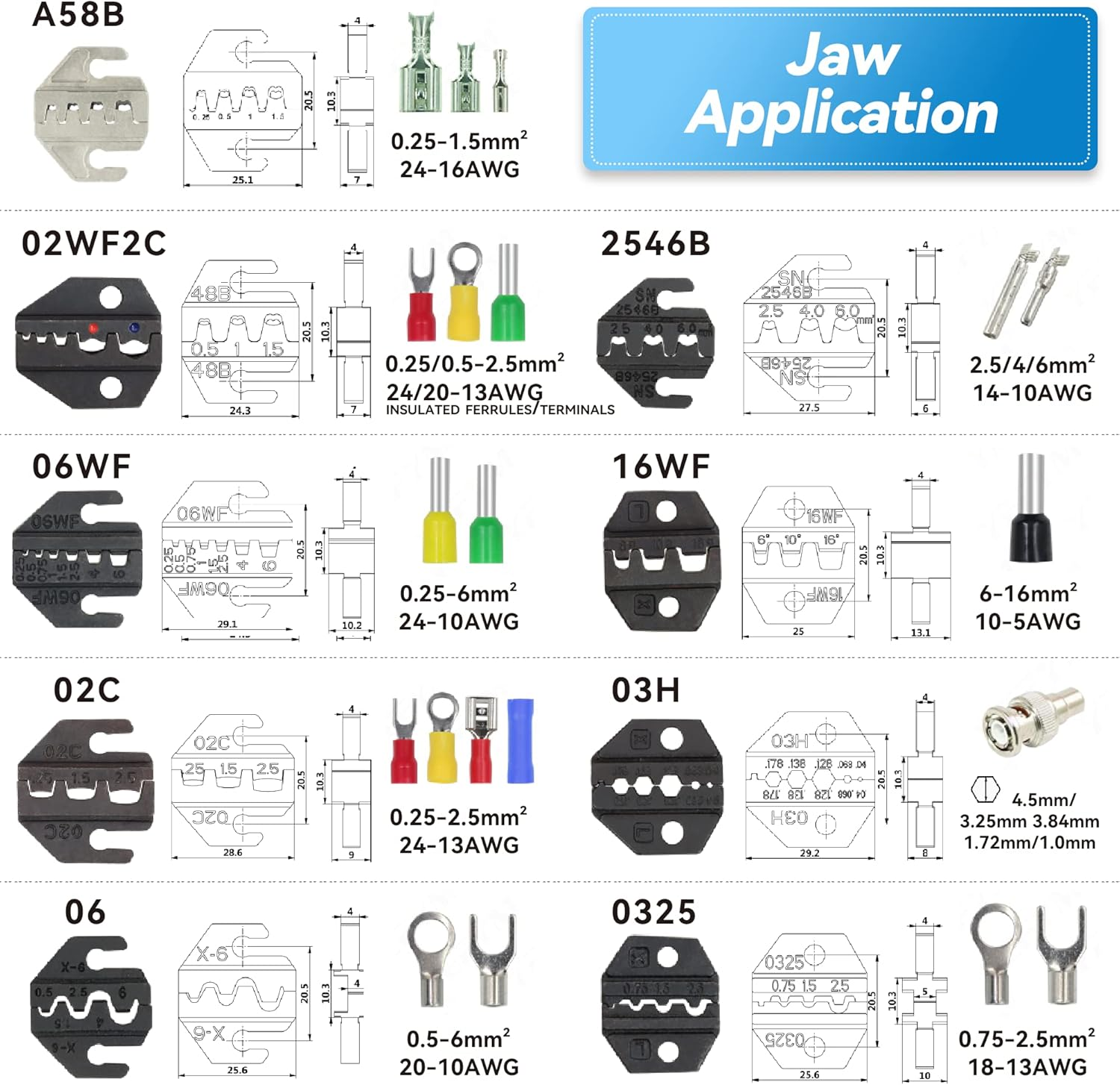 Aucent Crimping Tool Kit Crimper Set with 9 Jaws 23-5 AWG for Dupont JST Open Barrel Pins,Insulated and Non-Insulated Terminal/Butt,Coax RF MC4 Connector,Wire Ferrule,End Sleeve (1 Crimper 9 Jaws Set) image number 2