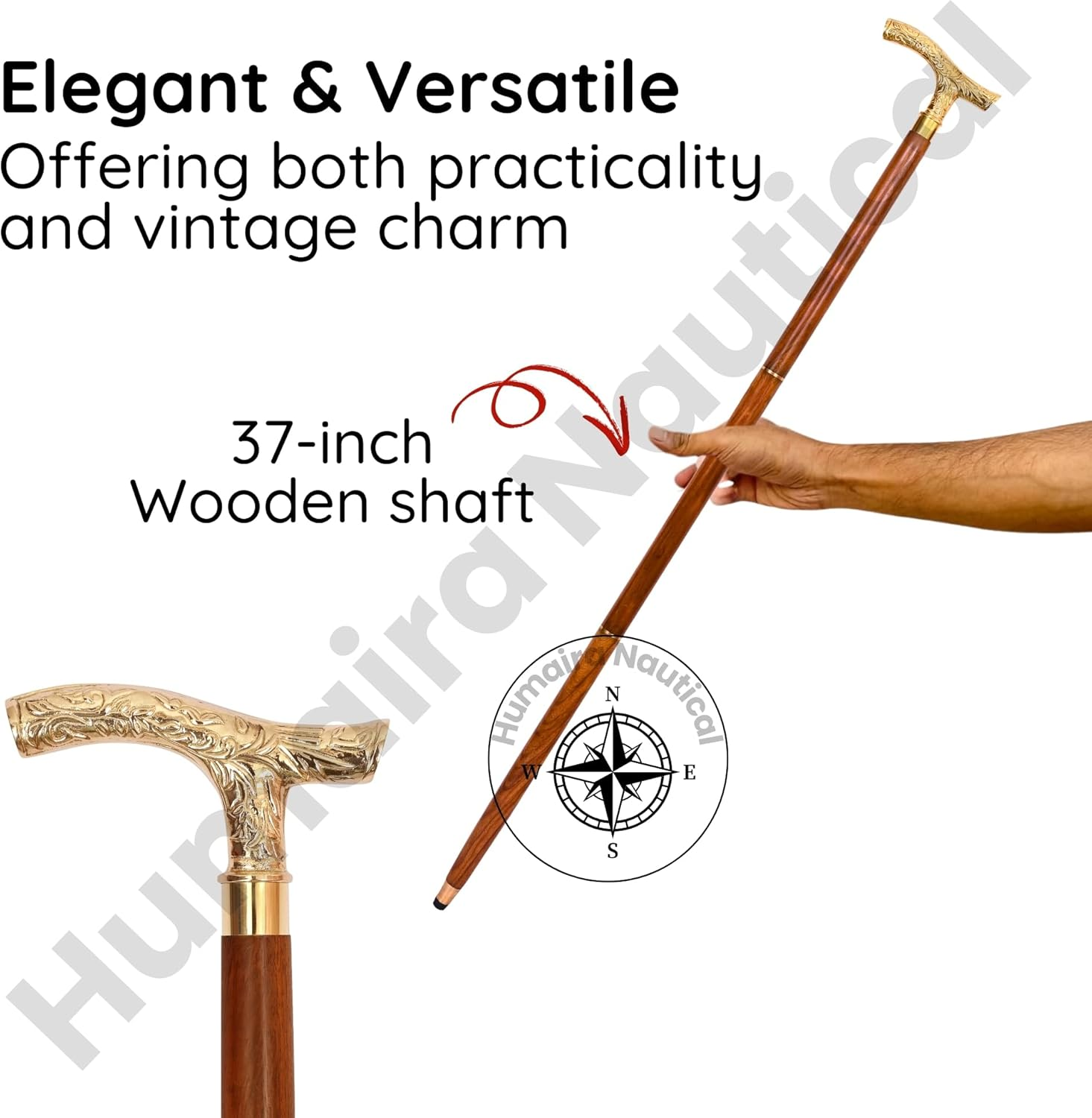 Humaira Nautical Walking Stick - Men Derby Canes and Wooden Walking Stick for Men and Women - 37" Brown Ebony Brass T Shape Handle in Golden Tone Natural Wood Unisex Cane image number 5