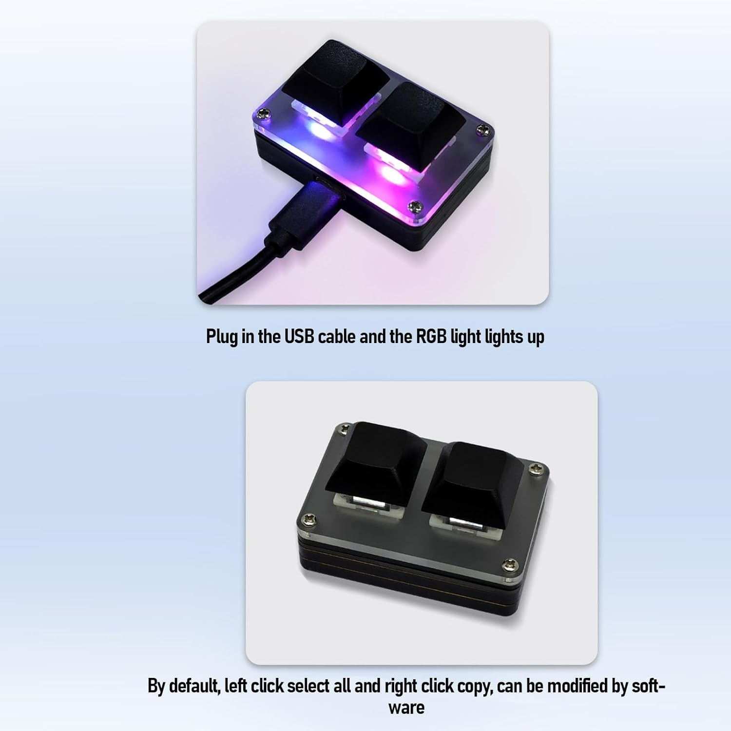 2 Key Keyboard, 5V 1A Acrylic Wired Mini Smart One Handed Mechanical Gaming Keypad, Programmable Shortcut Key Copy Paste Undo Redo Cut RGB Backlit Mini USB Keypad, Plug and Play