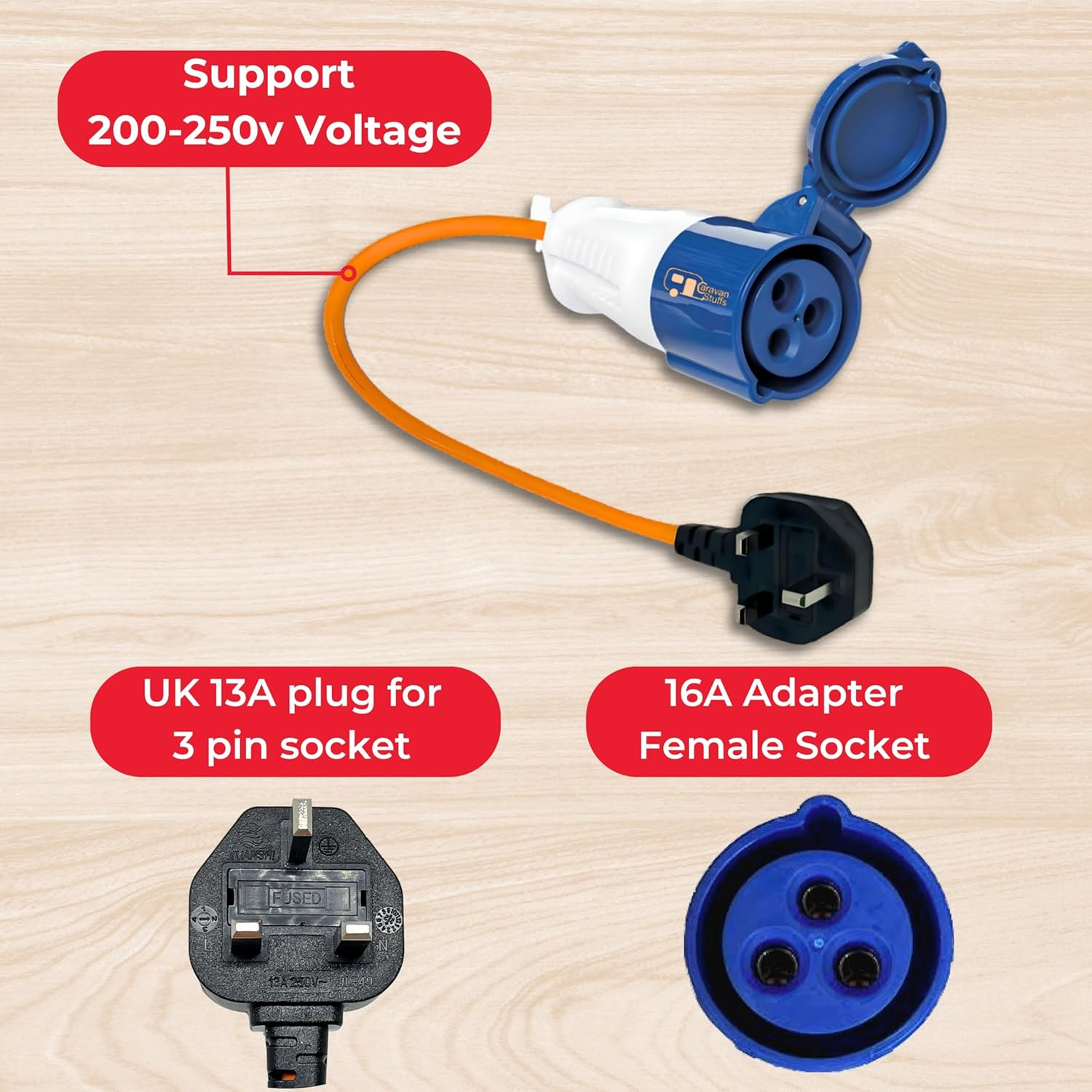 Double Dragon UK Caravan Trailer Hook-Up Lead, Fly Lead, 13A Plug to 16A Socket Adapter, 230V UK Electric Mains Adapter, Caravan Trailer Campervan Site Connector, with 3 Pin UK Ease Fuse Replace Plug image number 4