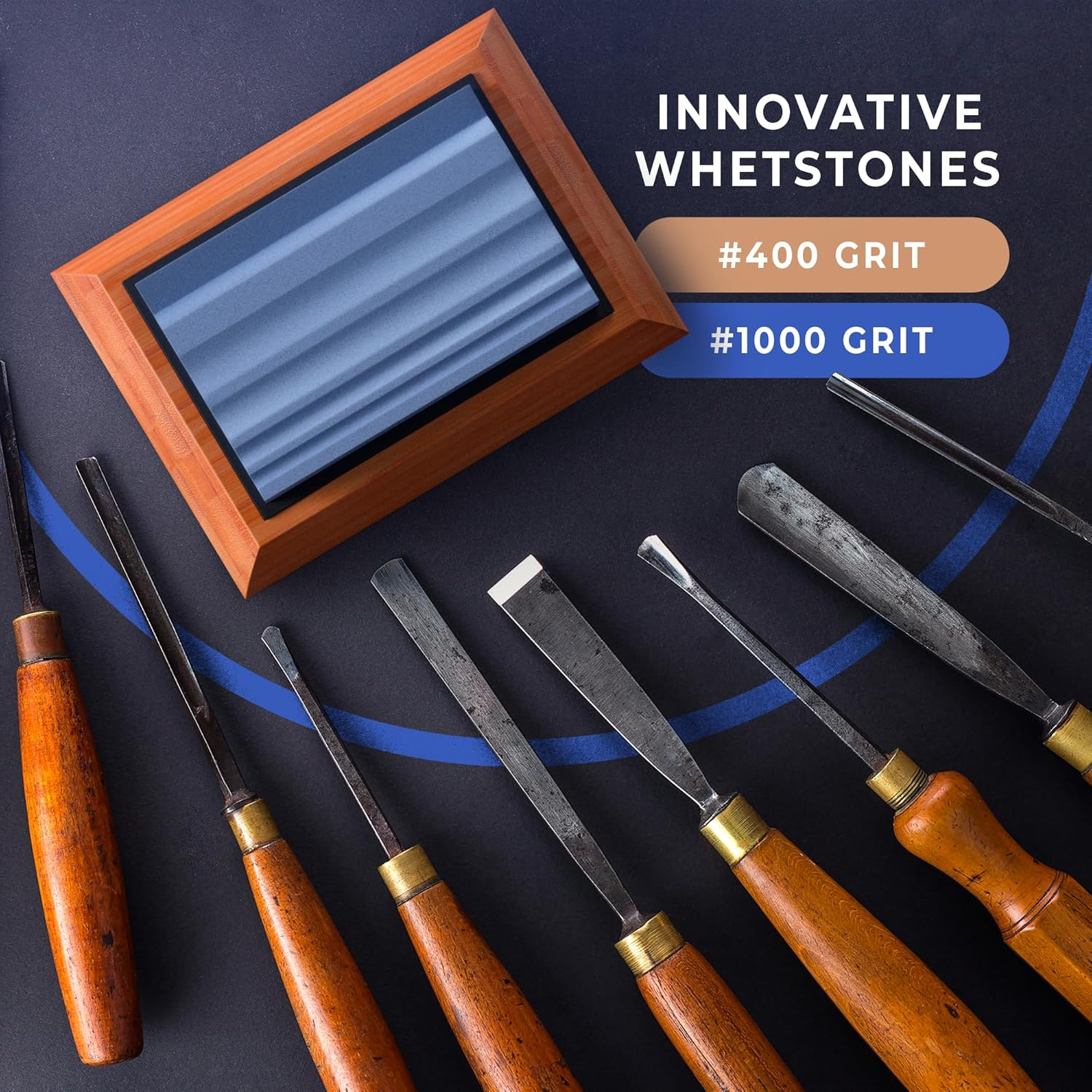 Sharp Pebble Whetstones Wood Carvers Sharpener-Dual Grit Sharpening Stones Grit 400 & 1000- Waterstone Sharpener for Woodworking, Wood Carving Tools, Chisels & Gouges with Non Slip Bamboo Base image number 1