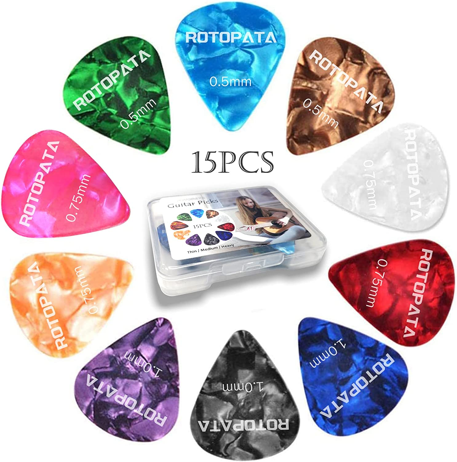 15 Pcs Guitar Picks Variety, Colorful Premium Celluloid Picks for Acoustic Electric Guitars Bass or Ukulele, with Different Sizes Contain Thin, Medium & Thick Gauges image number 4