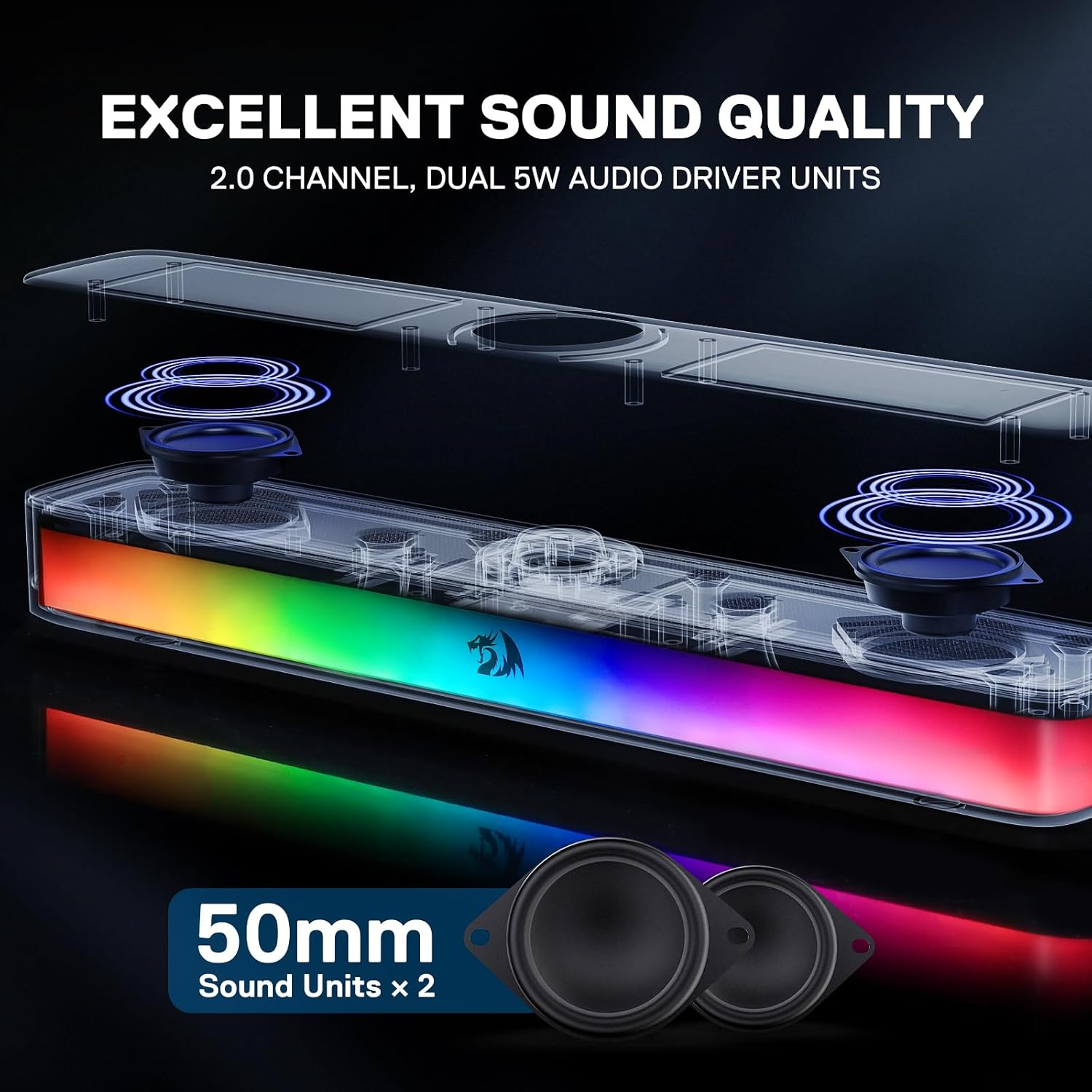 Redragon GS515 RGB Desktop Soundbar, 2.0 Channel Stereo Computer Speakers for Desktop with Bluetooth 5.3, USB-C/USB Powered, Black image number 1