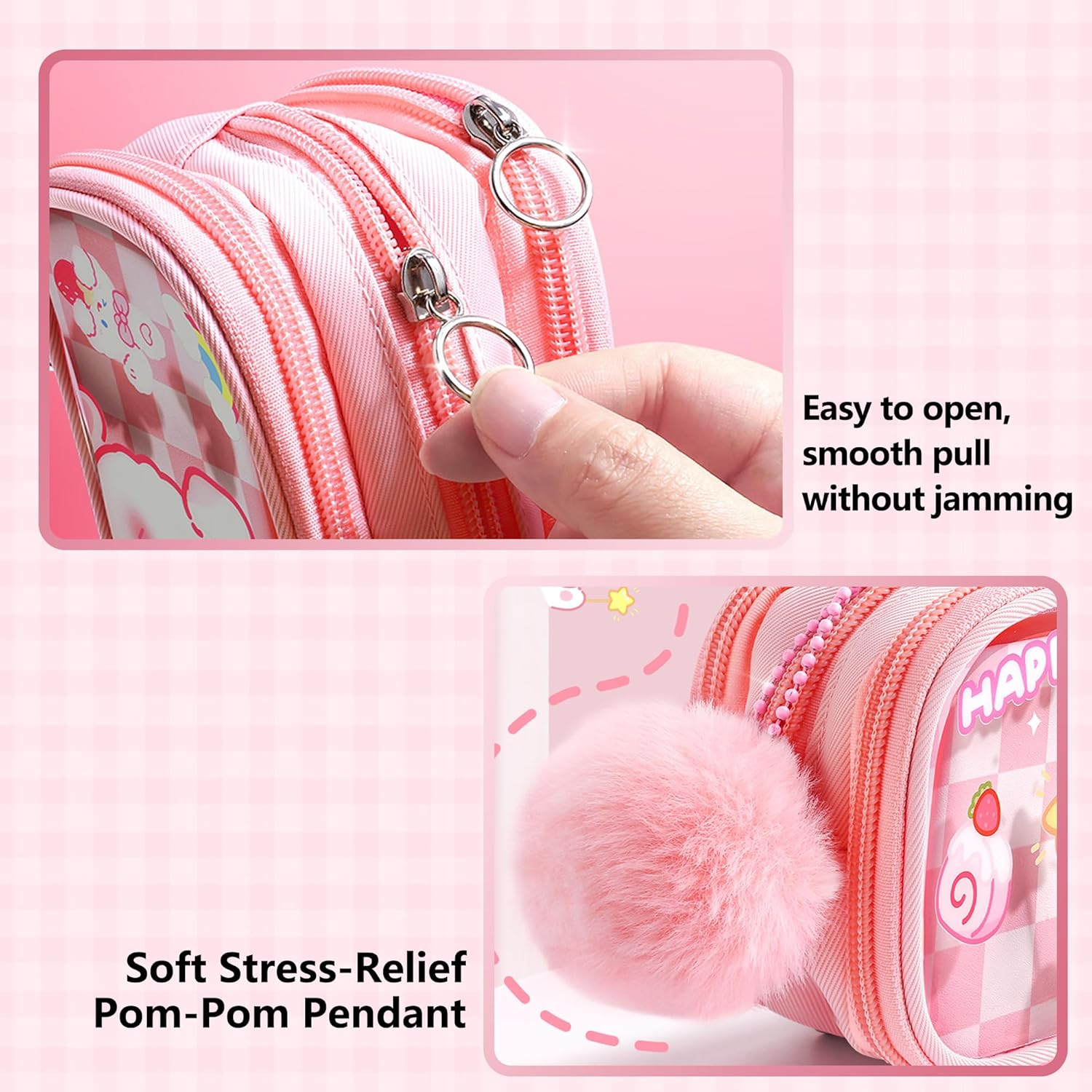 UINSUE Cute Pen Case Adorable Bunny Transparent 3-Layer Large Capacity Pencil Case Gadget Organizer with Lovely Stickers (Pink) - Purple image number 4