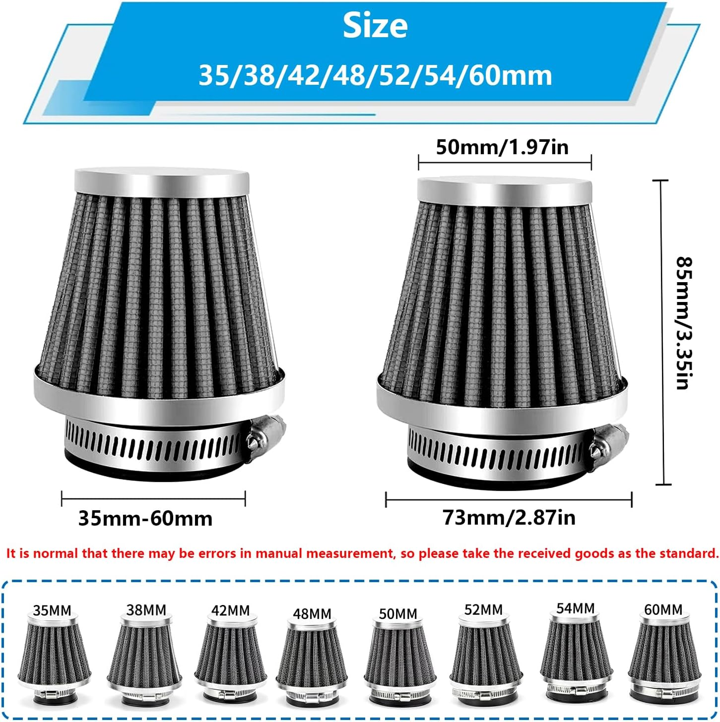 Smseace 2Pcs 54Mm Motorcycle Air Filter with 2Pcs 3/16" Fuel Filter Replace for 70Cc 100Cc 110Cc 125Cc 150Cc 200Cc Moped Scooter ATV Dirt Bike Motorcycle