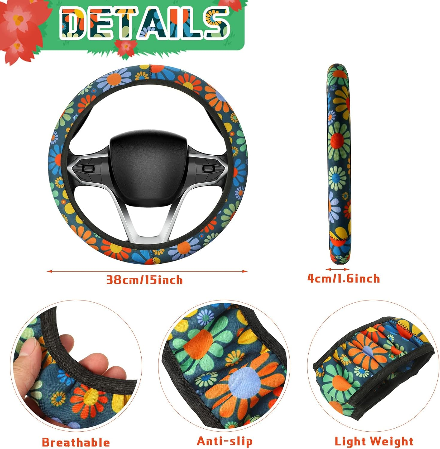 Tallew Abstract Hippie Flower Car Accessories Set - Car Seat Covers, Steering Wheel Cover, License Frames, Armrest Cover, Seat Belt, Cup Holder, Keyrings image number 1