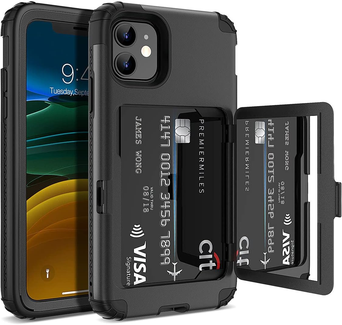 Iphone 11 Wallet Case - Welovecase Defender Wallet Credit Card Holder Cover with Hidden Mirror Three Layer Shockproof Heavy Duty Protection All-Round Armor Protective Case for Apple Iphone 11 Black