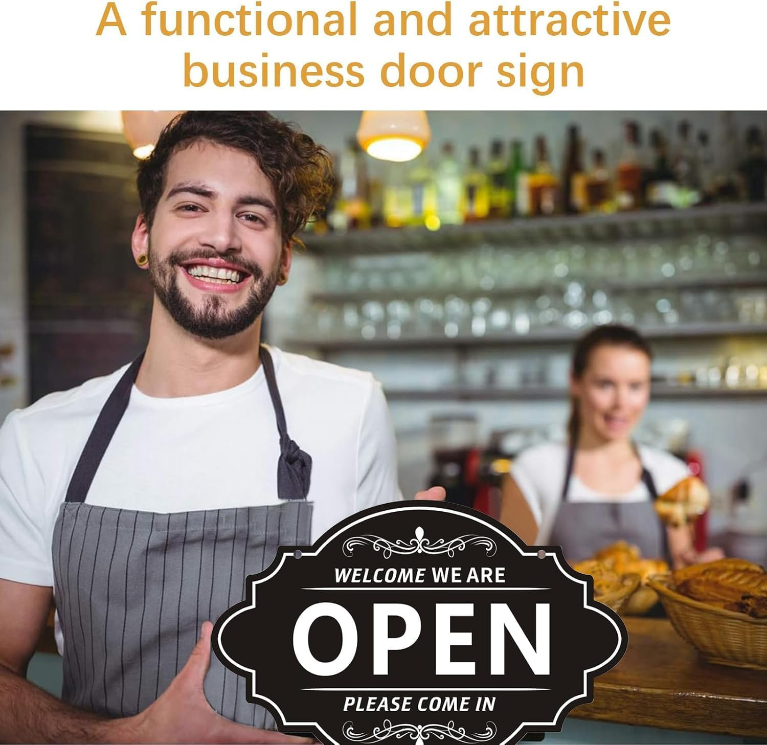 Store Open and Closed Business Sign Two-Sided Reversible Vintage Open and Closed Business Sign for Stores, Coffee Bars, and Shops, in White and Black Colors image number 3