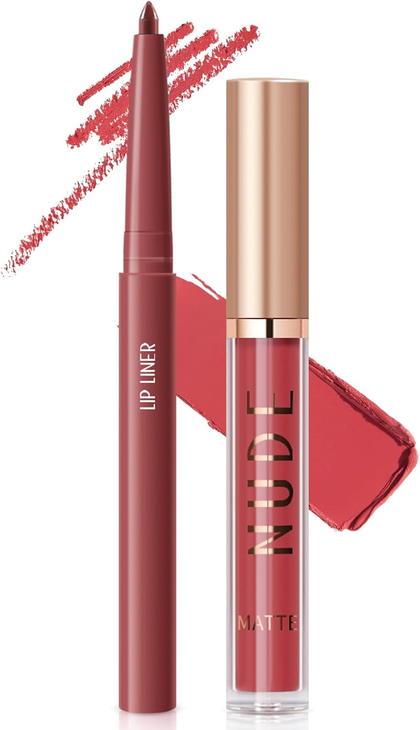 2Pcs Matte Liquid Lipstick and Lip Liner Set,Waterproof Lipstick Shades Set Lip Stain,Long Lasting,Nude Brown Lip Gloss Lip Liner Pencil image number 5