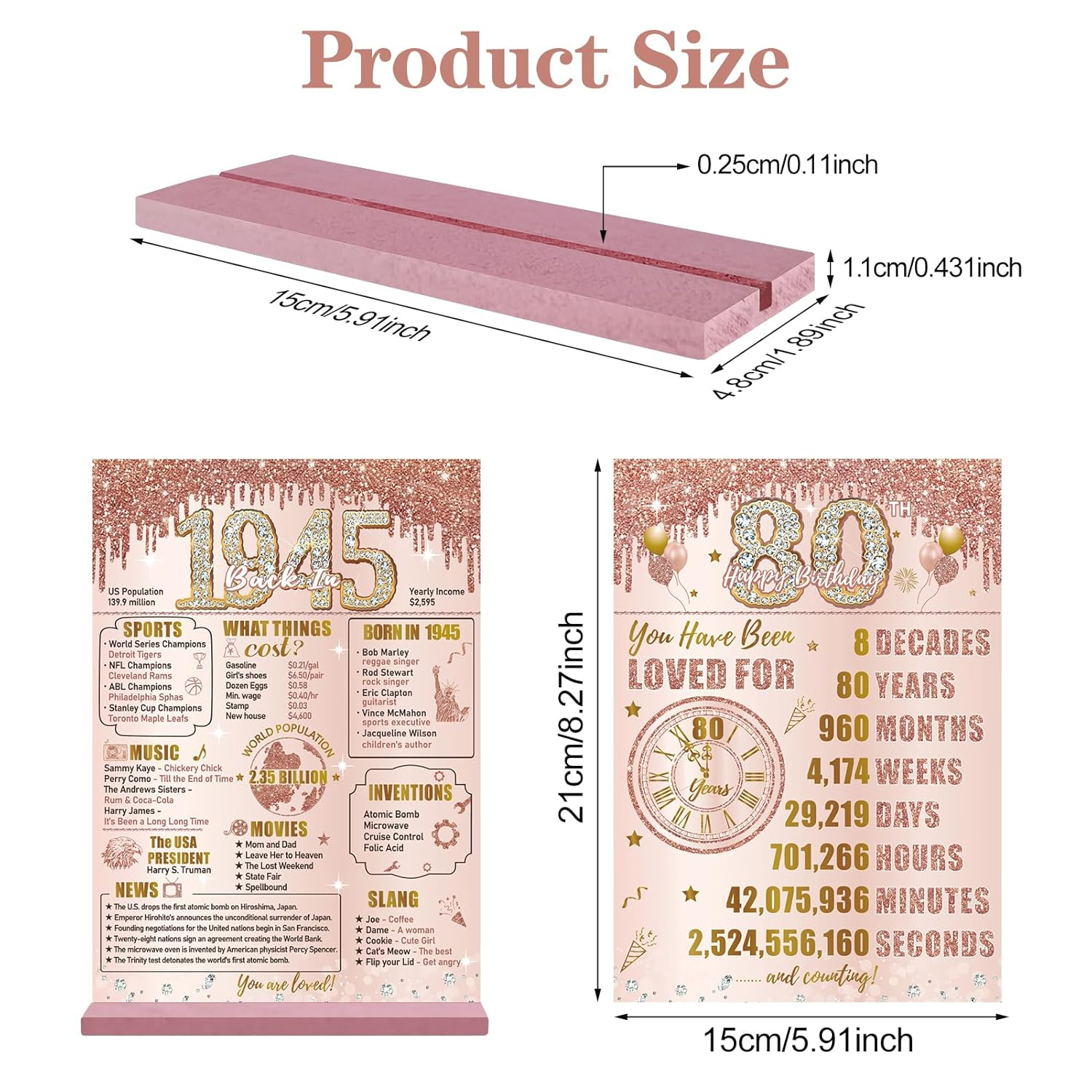 Bumqviy Happy 80Th Birthday Decorations Back in 1945 Table Sign for Women, Pink Rose Gold Happy 80 Birthday Two-Sided Wooden Poster with Stand, Eighty Year Old Birthday Gift Party Supplies image number 2