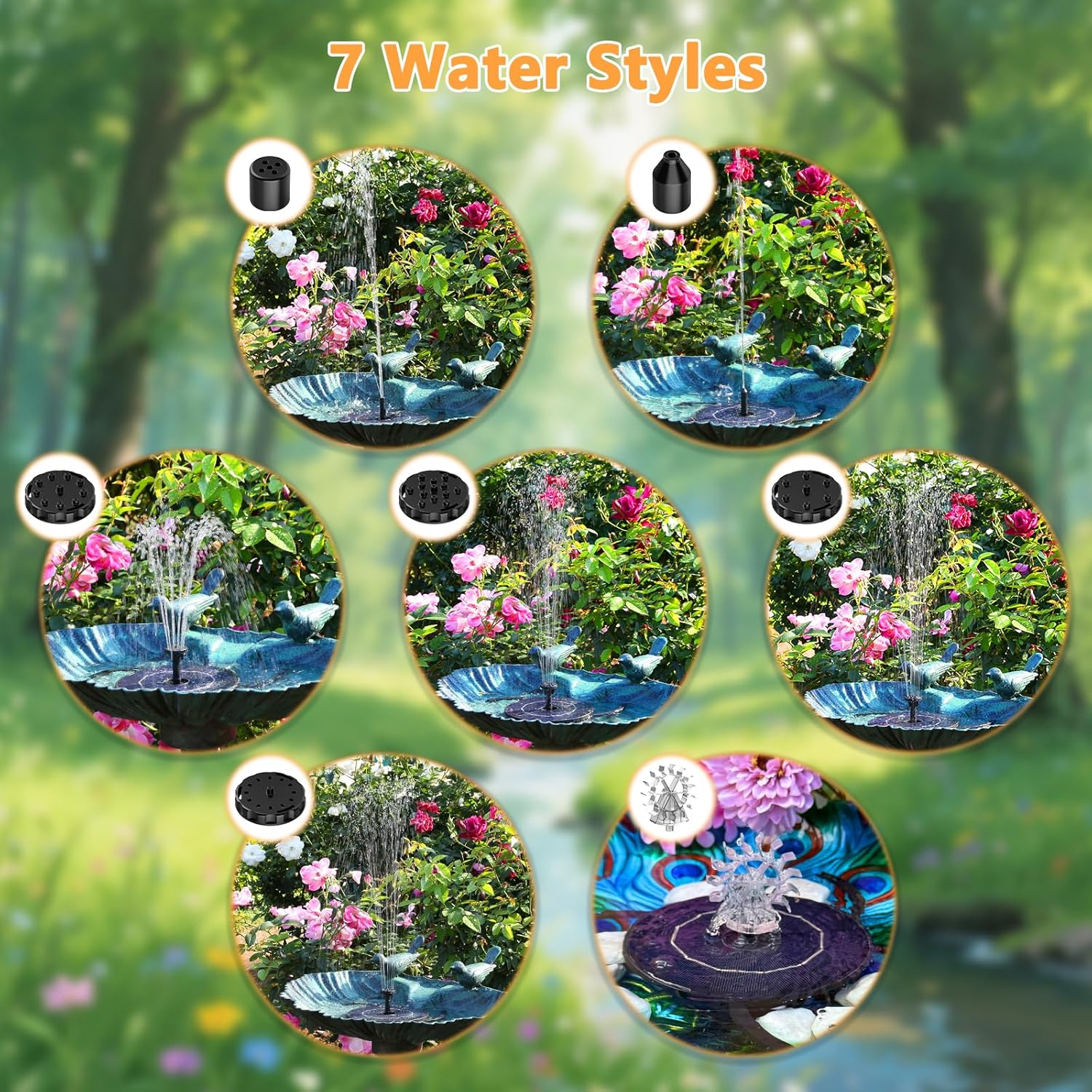 AISITIN 2.8W Solar Fountain Pump for Bird Bath Upgraded 2025, Floating Solar Powered Water Fountain Built-In 1000Mah Battery with 7 Nozzles & 3 Integrated Bracket for Bird Bath and Outdoor Garden image number 6