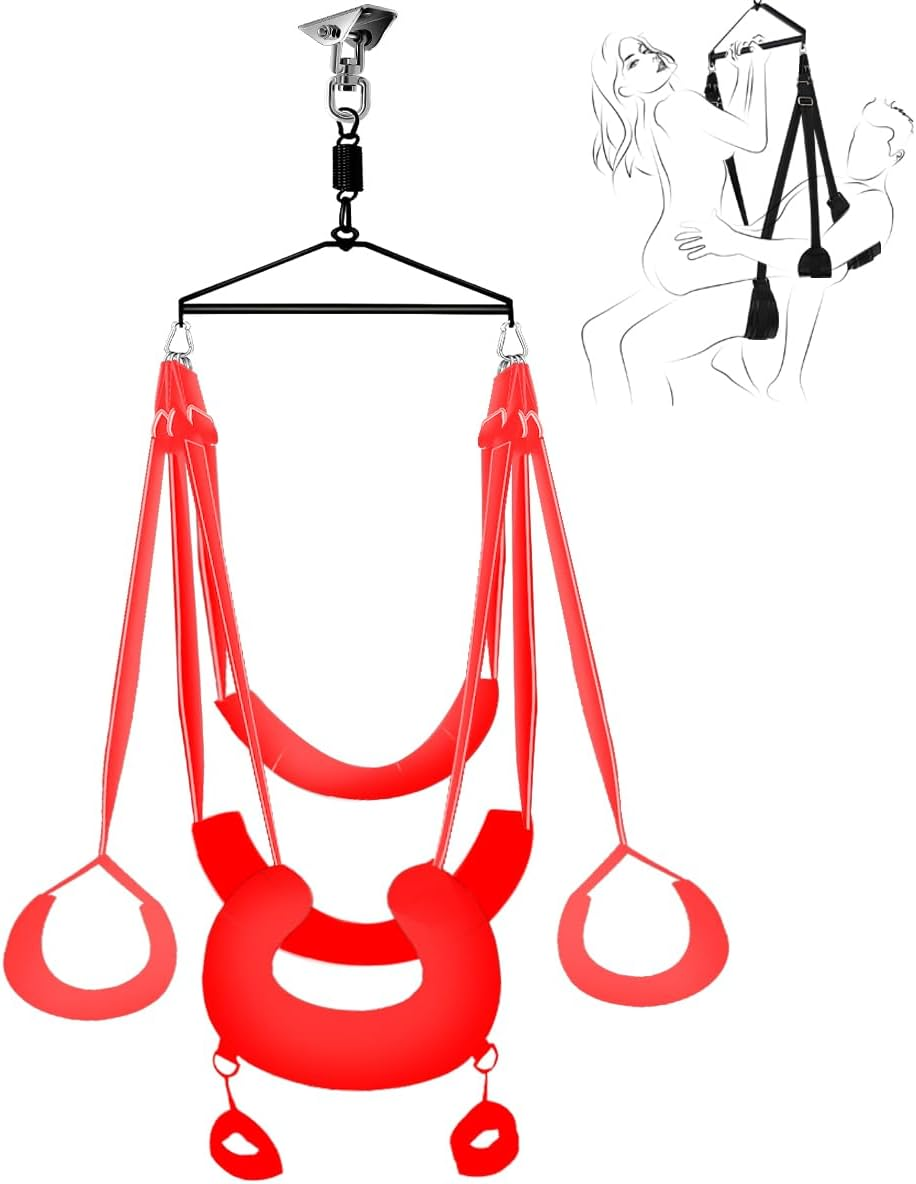 Sex Swing 360 Degree for Adults Couple Sex Toys Furniture Chair with Comfortable Pillow BDSM Restraining Bondage Set Strong Adjustable Straps for Men and Women Multi-Red