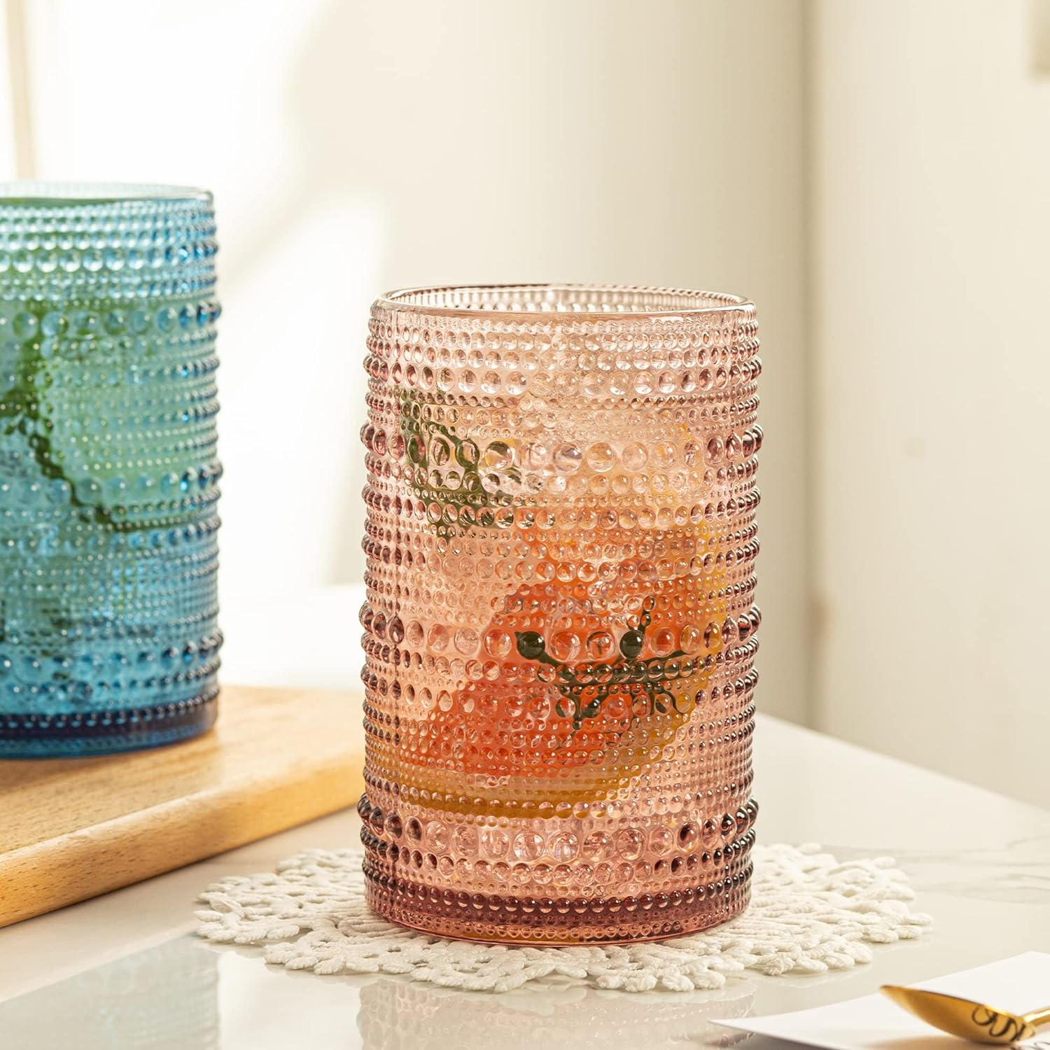 POLIDREAM 450Ml Colored Hobnail Drinking Glasses Set of 4, Vintage Glassware Set, Embossed Beaded Glass Cups, Water Tumbler for Cocktail, Juice and Various - Dishwasher Safe（Does Not Fade） image number 2