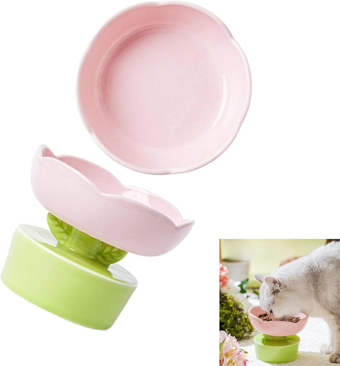 Ceramic Cat Food Bowl Cute Flower Shape Large Capacity, Neck Spine Protection Raised Pet Food Bowl for Cats Dogs Pets, Elevated Cat Ceramic Bowl (Orange)