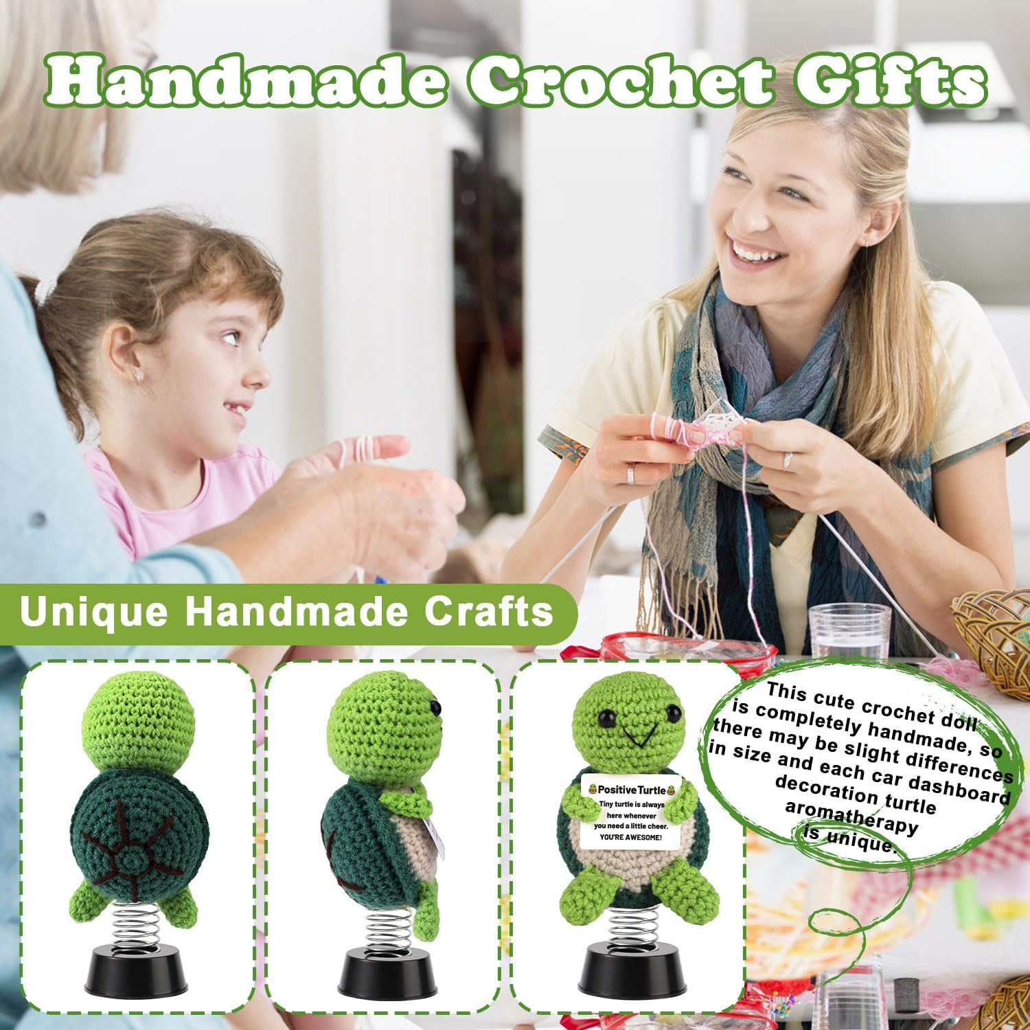 TOYMIS Positive Turtle Crochet, Turtle Car Dashboard Decoration Emotional Doll Support Crocheted Animal Bobblehead for Car Dashboard Ornament Home Office Desktop Decor Inspirational Gift image number 6