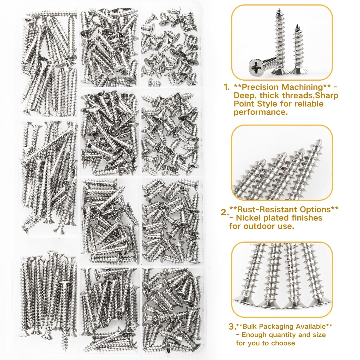M4 Silver Wood Screws Countersunk Head Self-Tapping Screws 285Pcs Metric M4X8/10/12/14/16/18/20/25/30/35/40Mm Wood Fasteners Carbon Steel Screws Assortment Kit image number 2