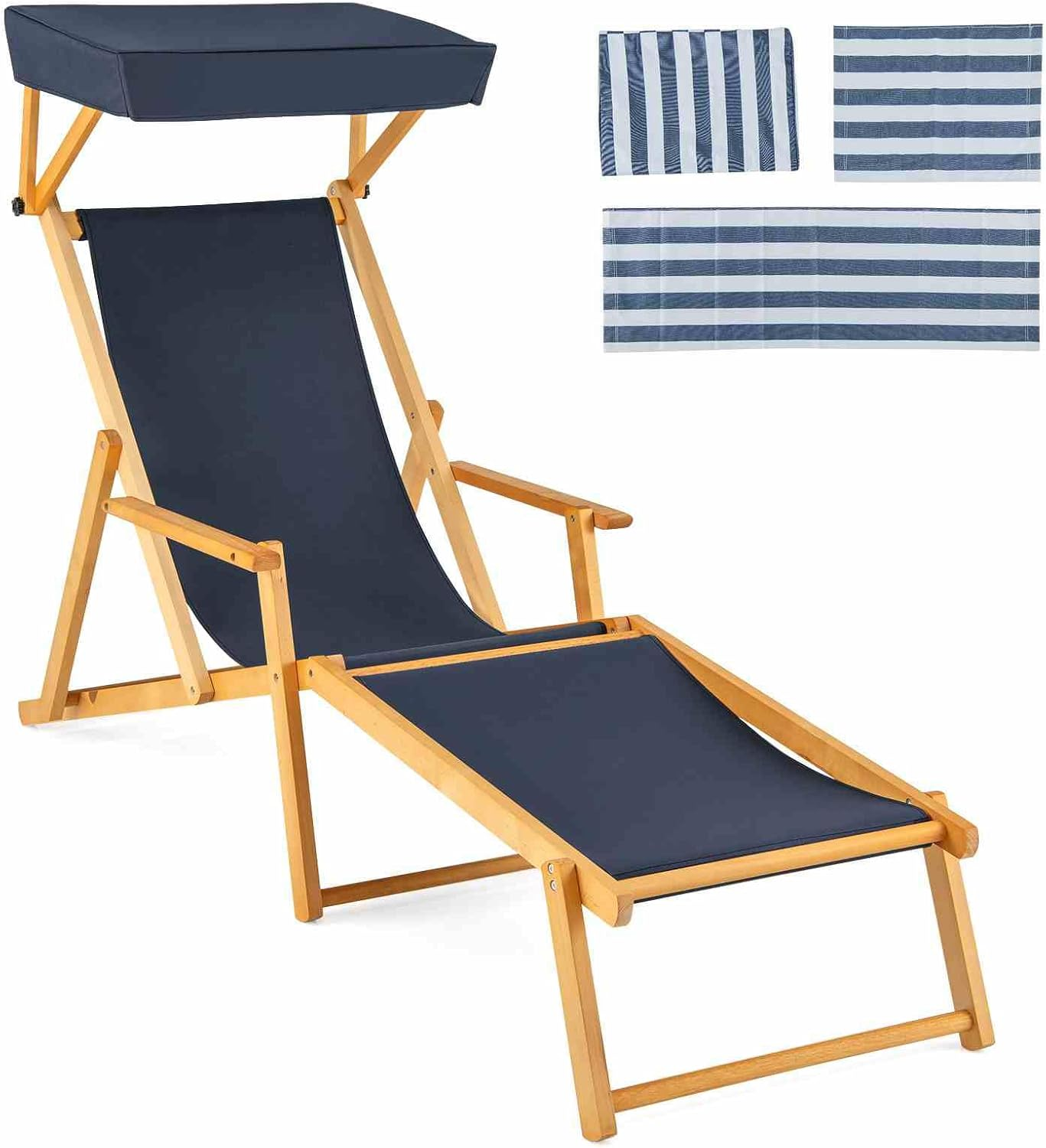 Costway Outdoor Birch Wood Chaise Lounge Chair, Foldable Beach Lounge Chair with Adjustable Canopy, Reclining Backrest and Footrest with Replacements for Patio Poolside (Navy + Natural)