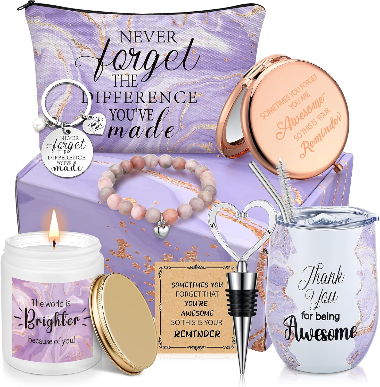 Perthlin 11 Pcs Thank You Gifts Sets for Women 12 Oz Tumbler Cosmetic Bags Candle Bracelet Keychain Card Appreciation Gift for Employee Teachers, Nurses, Coworkers, Boss, Leadership, Friends(Purple) image number 6