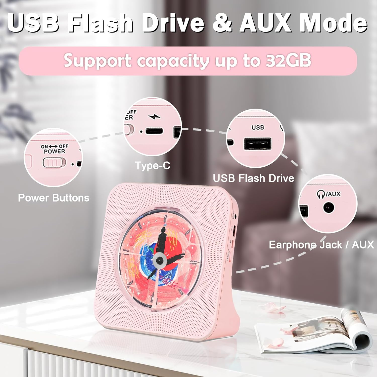 Portable Bluetooth CD Player Timer, Desktop Cd-Player Built-In Dual Hifi Sound Speakers, Kpop Players with Bluetooth Receive, Compact Music Player with Remote Control, Support USB, AUX Port, FM Radio image number 6