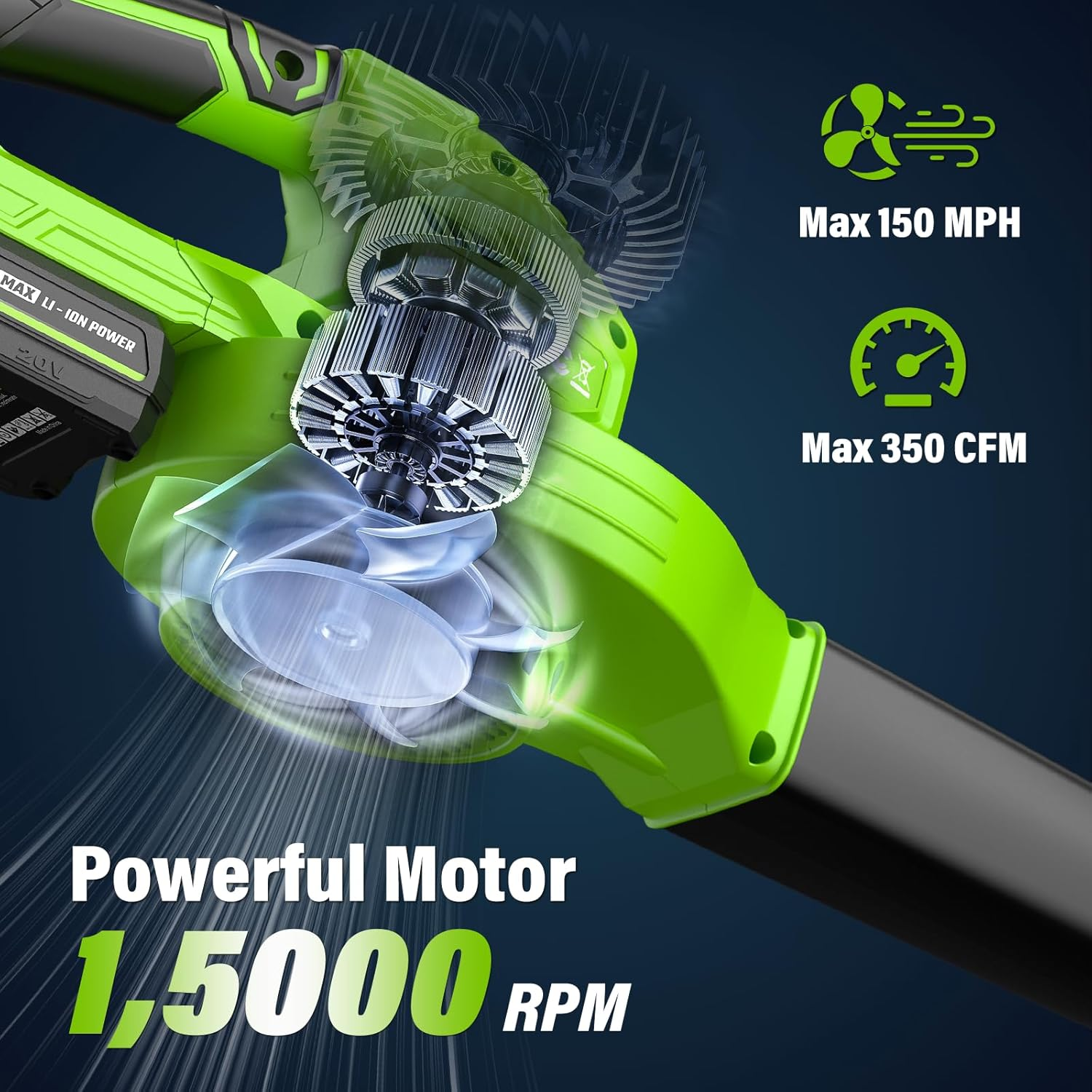 SEYVUM Cordless Leaf Blower, 20V Blower with 2 X 2.0 Ah Battery, Electric Blower for Lawn Care, 350 CFM 150 MPH Battery Powered Leaf Blower with Charger, for Patio, Garden Cleaning, Green image number 6