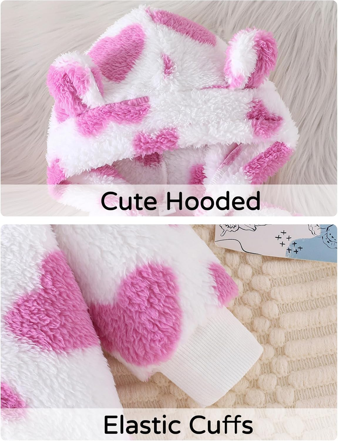 SEAUR Newborn Baby Girl Snowsuit Winter Hooded Fleece Jumpsuit Infant Bear Ear Snow Suit Zip up Romper Warm Outwear Outfits image number 5