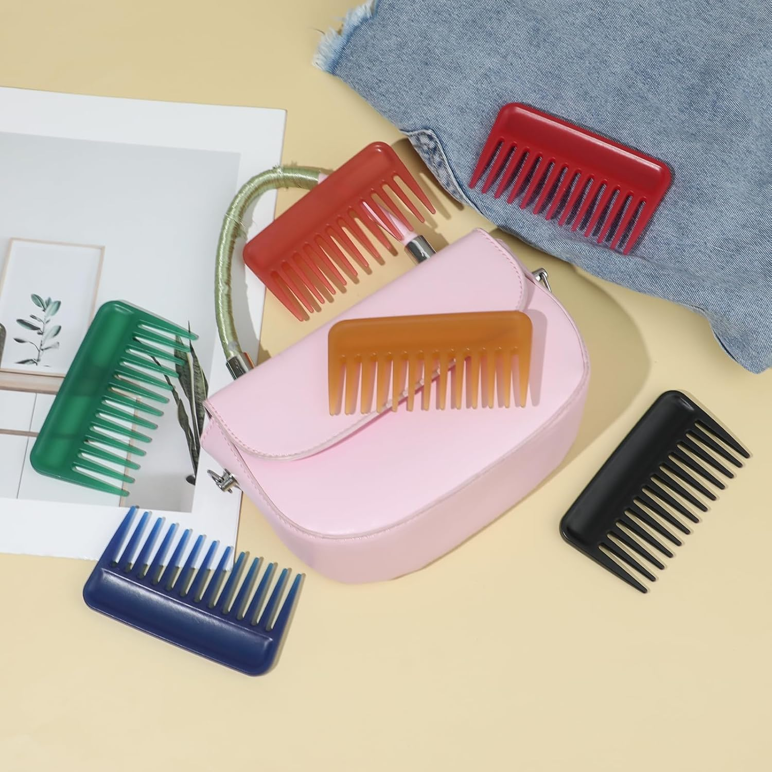 Styquenzer 2Pcs Mini Wide Tooth Comb,Small Travel Comb Portable Detangling Comb Beard Comb Large Tooth Pick Comb Anti-Static Small Comb Hair Styling Comb for Curly,Wet,Dry,Long Hair, Black, Yellow image number 2