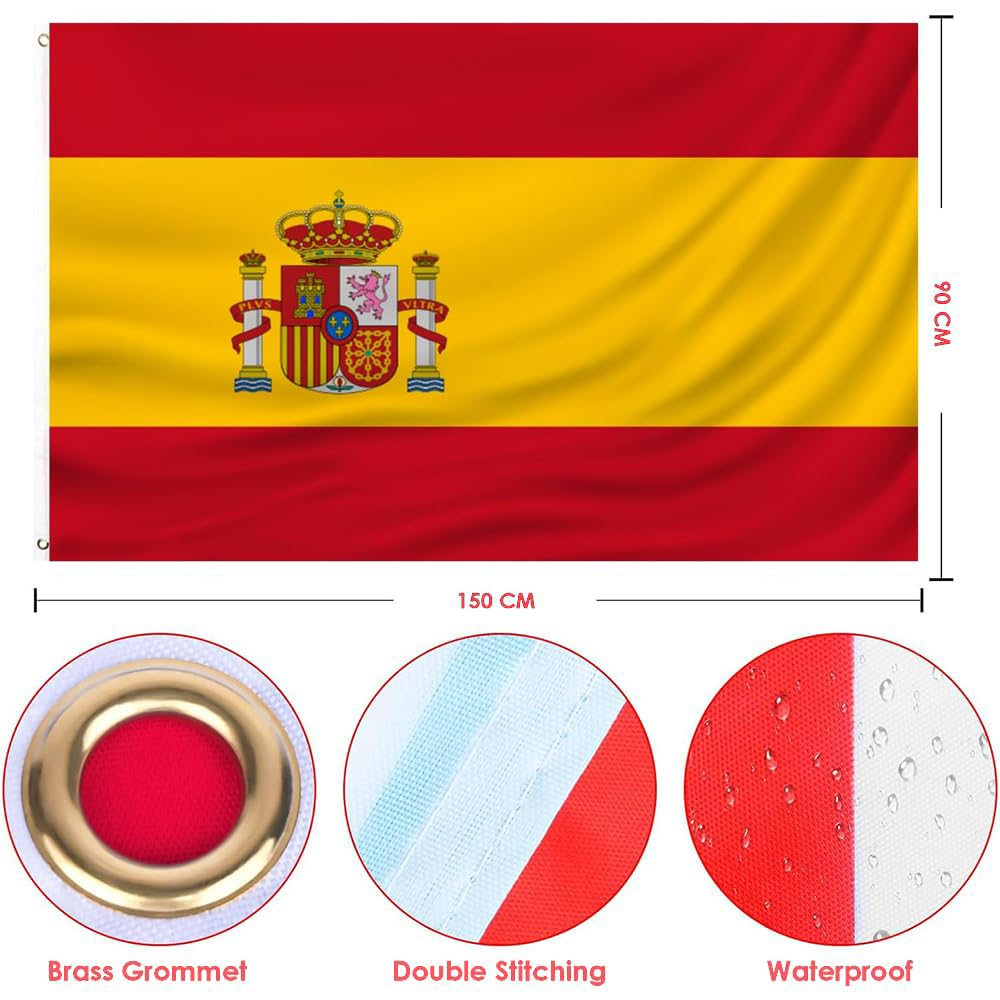 Spanish Flag 90 * 150 Cm,Spain Flag,Polyester Thickness, Fade Resistant, Brass Grommets, Canvas Header, Indoor/Outdoor, Vibrant Colors,Not Fear of Rain and Snow image number 2