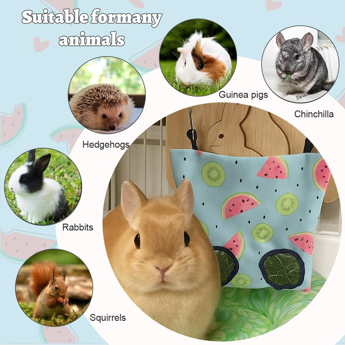 GGUFAY Rabbit Hay Bag, Guinea Pig Feeding Station, Feeder Small Animals, 2 Holes Hanging Hay Bag, Small Animals Hay Bag, Feeding Bag for Rabbit, Chinchilla, Hamster, Small Animals image number 5