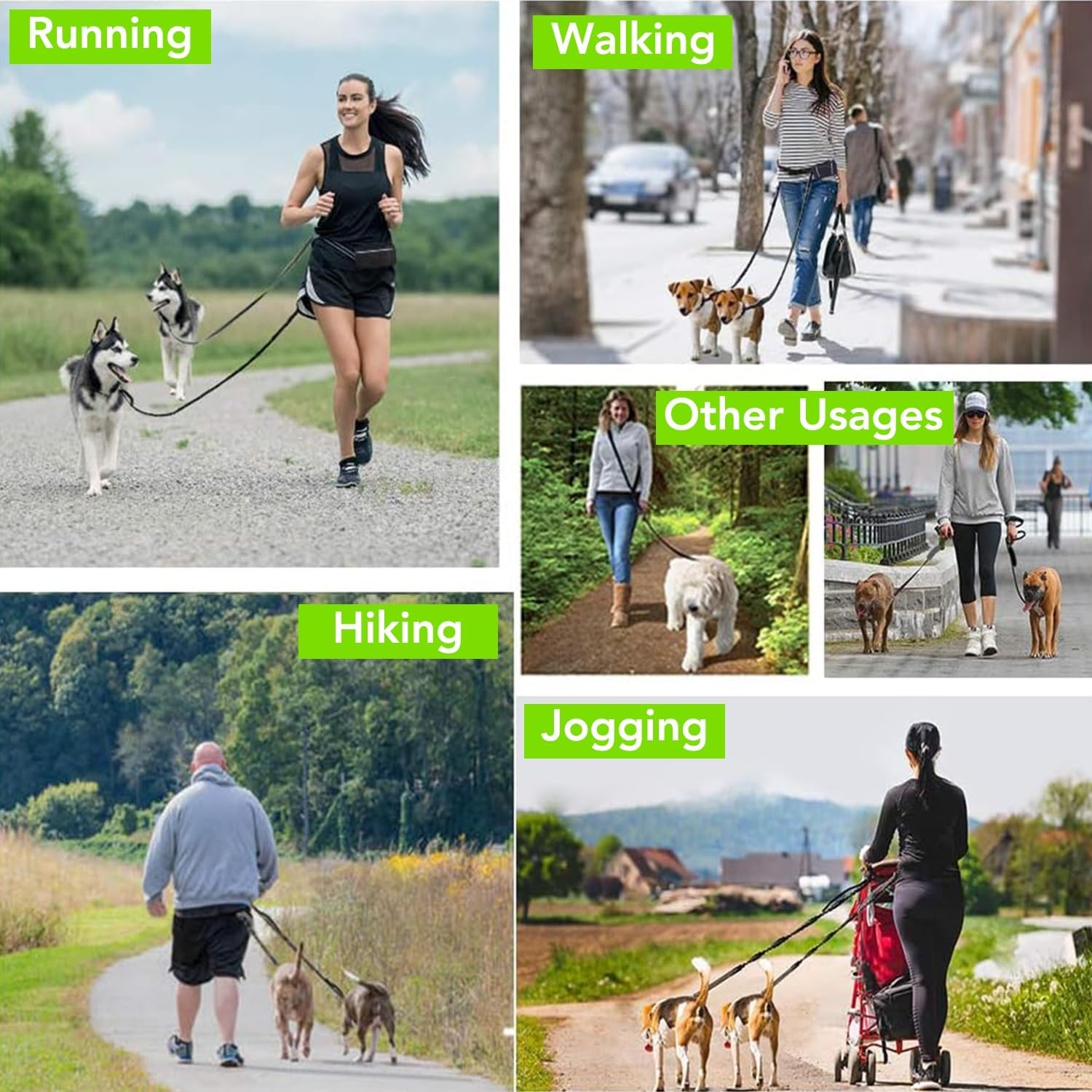 KIKNIN Hands Free Dog Leash with with Pouch-Waist Dog Running Leash with Adjustable Waist Belt & Dual Handle for 2 Medium Dogs, Retractable Reflective Bungee Dog Leash for Jogging Walking Hiking