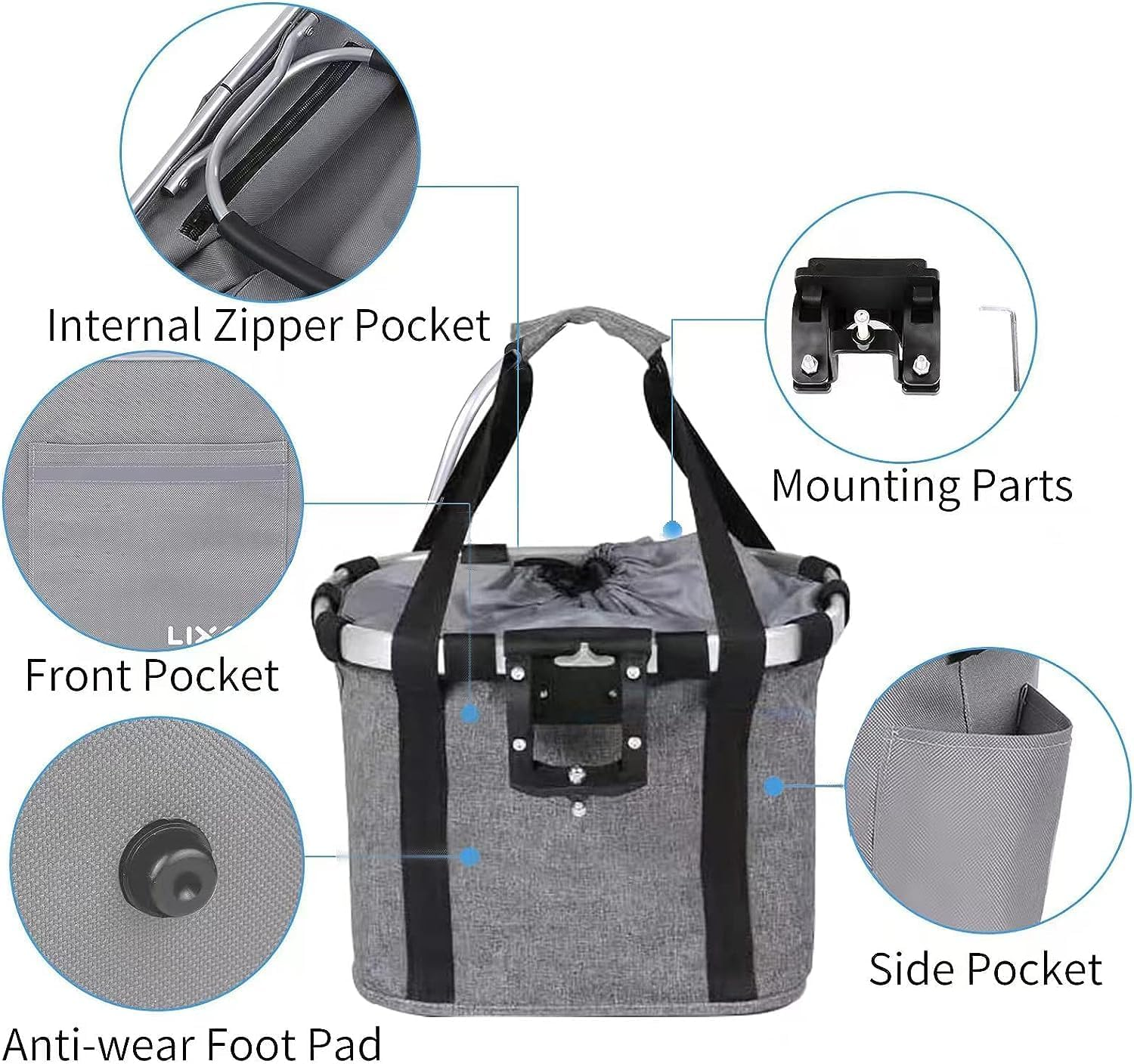 Bike Basket Foldable Bicycle Front Handlebar Bag Bike Rack Storage Pet Basket Removable Quick Installation Suitable for Cycling Bring Pets Shopping Grey image number 2