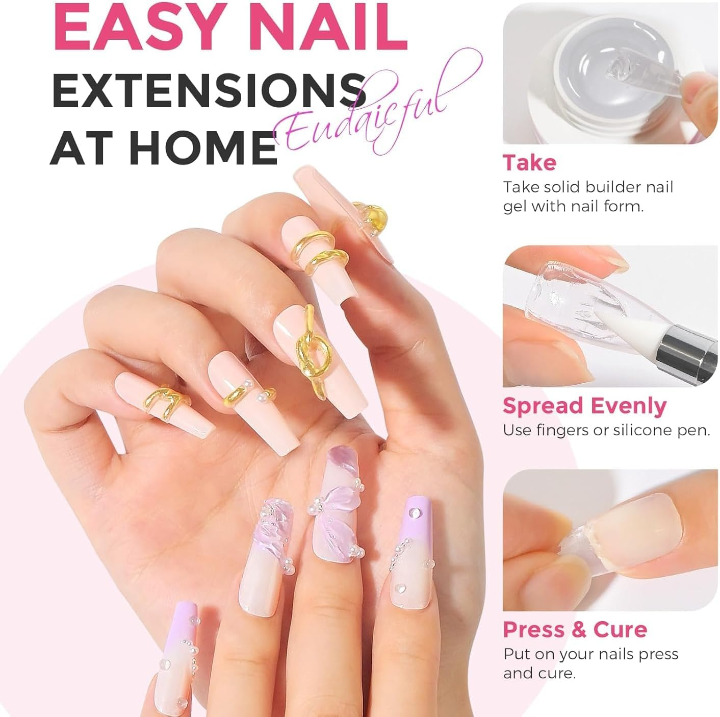 Eudaicful Solid Builder Nail Gel Kit: 3 Colors Clear Pink White 3D Sculpting Nail Gel Non-Sticky Hand Carving Gels Hard Gels U V/LED Extension with Silicone Pen Nails Forms Beginner DIY image number 3