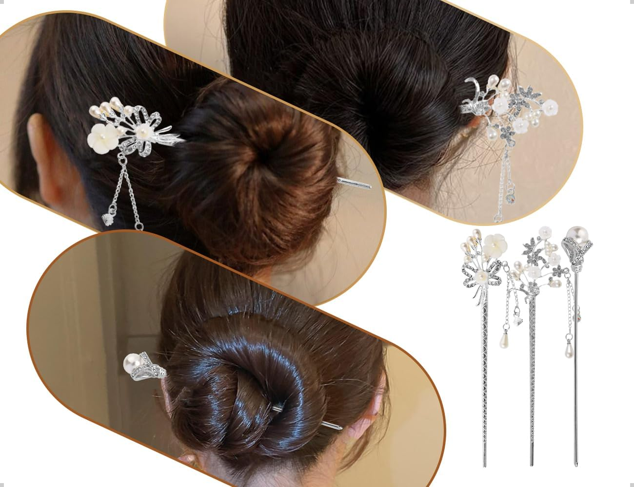 Emezddo Pack of 3 Pearl Hair Sticks, Chinese Hairpin, Vintage Tassel Hairpin, Flower Hair Accessories, Used for Girls Women, for Retro Parties, Traditional Chinese Festivals image number 4