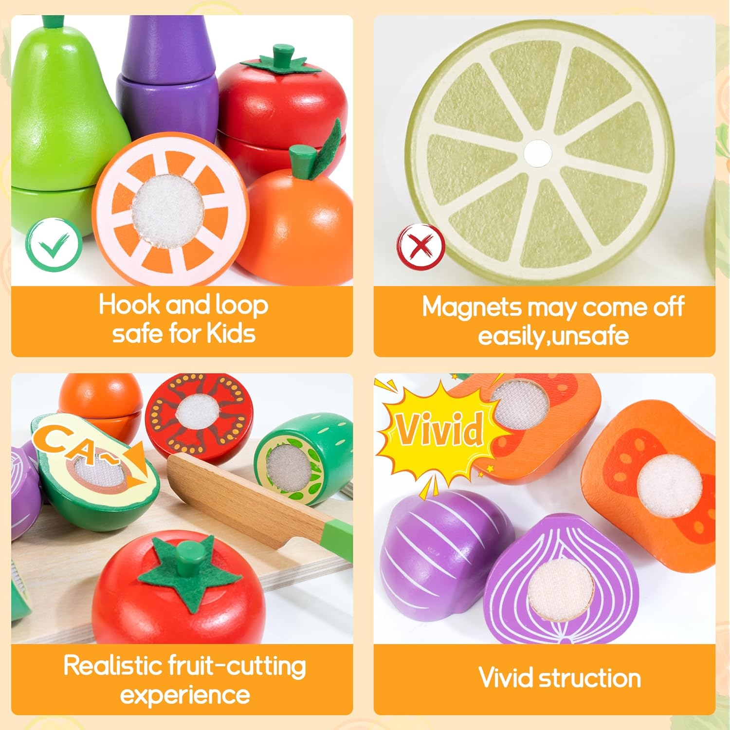 Wooden Play Food for Toddlers, Color Food Groups, Fruit & Veggies Cutting Set, Pretend Play Food Kitchen Accessories for 3 4 5 6 7 Years Old Boys & Girls image number 3