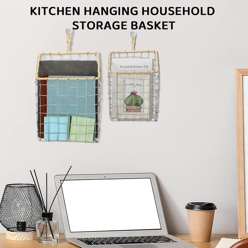 2 Pcs Hanging Wall Storage Baskets &ndash; Rustic Handwoven Wire Organizer for Kitchen, Bathroom, Pantry, Mail, Files